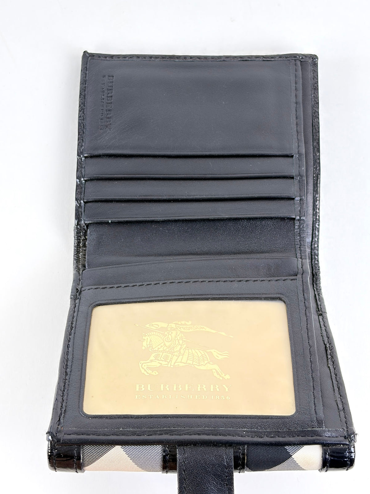 Burberry black patent and beat check nylon compact wallet