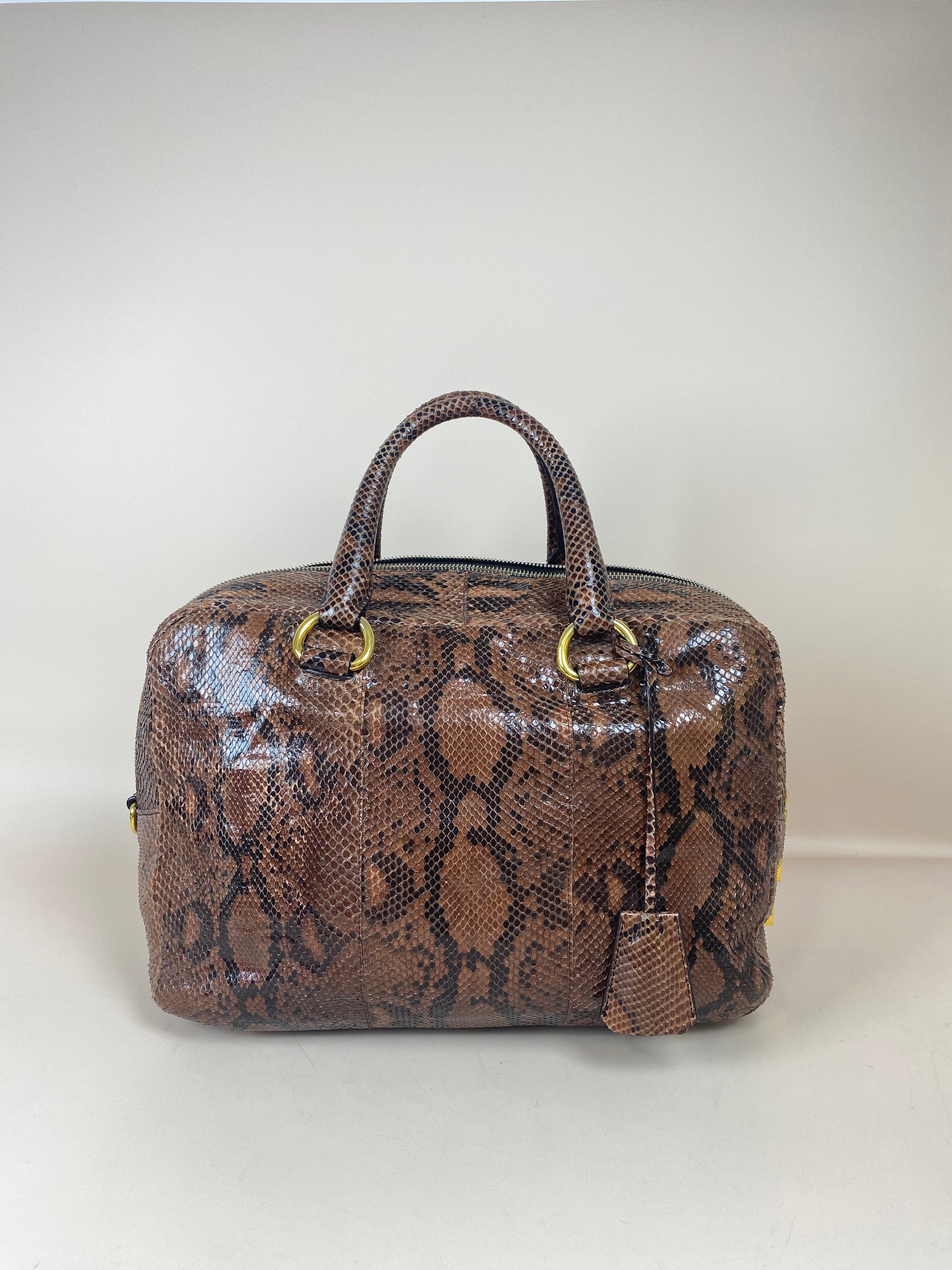 Prada Brown Python Bauletto Large Top Handle Bag