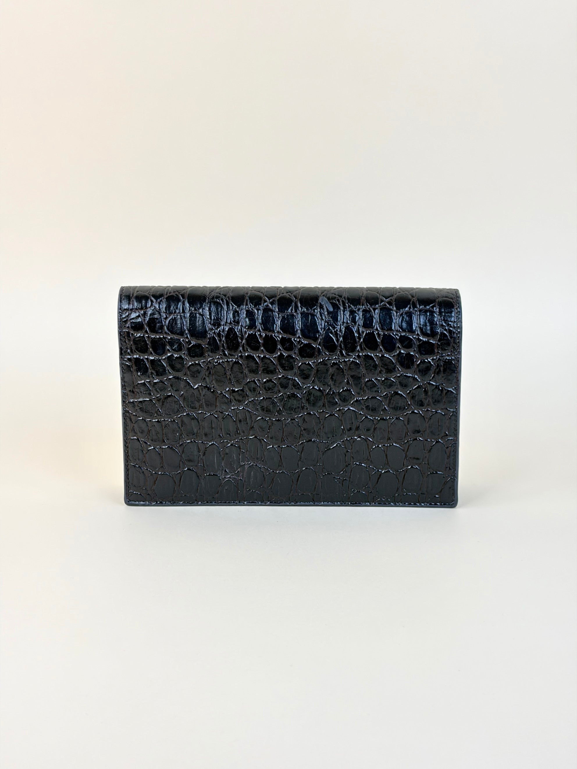 YSL Black calfskin dark-brown crocodile embossed Kate tassel chain wallet
