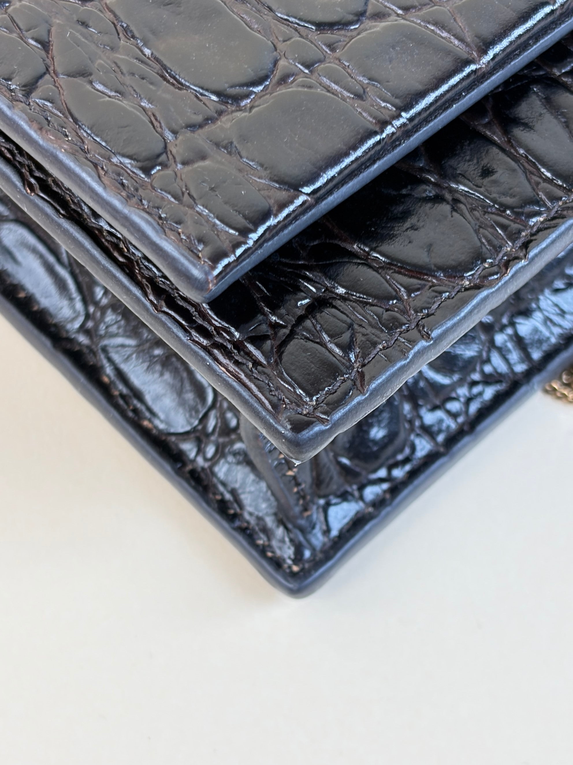 YSL Black calfskin dark-brown crocodile embossed Kate tassel chain wallet