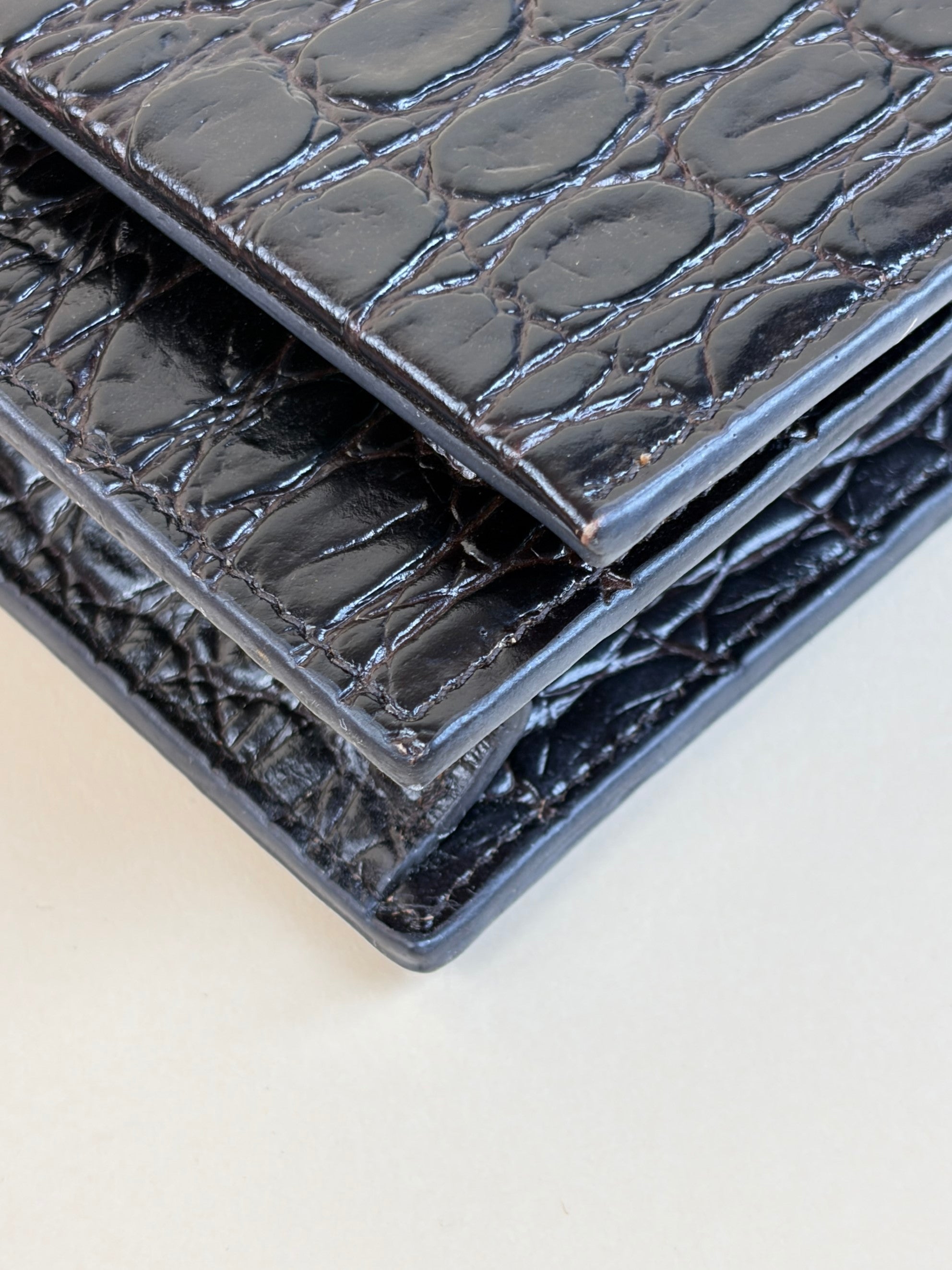 YSL Black calfskin dark-brown crocodile embossed Kate tassel chain wallet