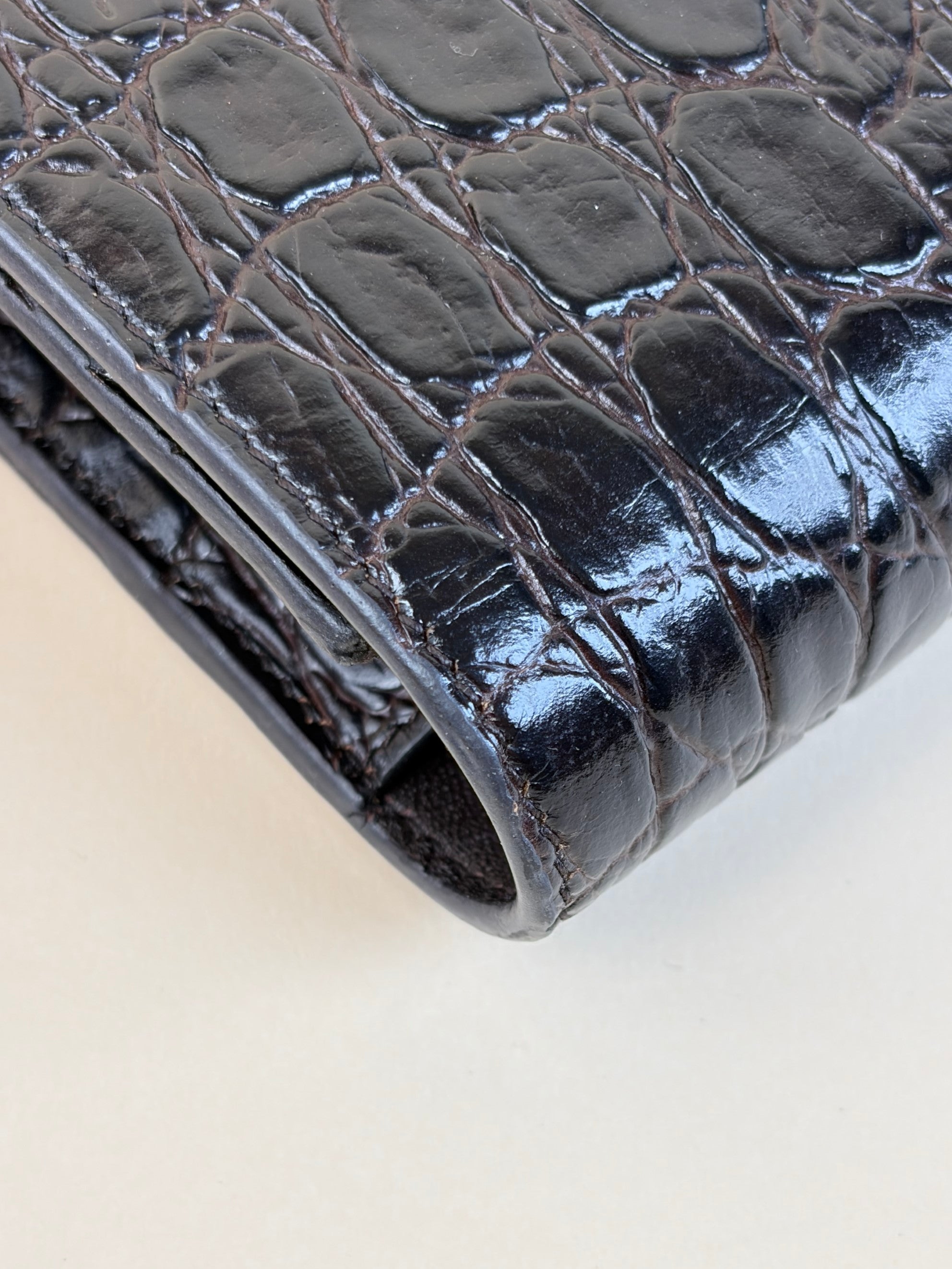 YSL Black calfskin dark-brown crocodile embossed Kate tassel chain wallet