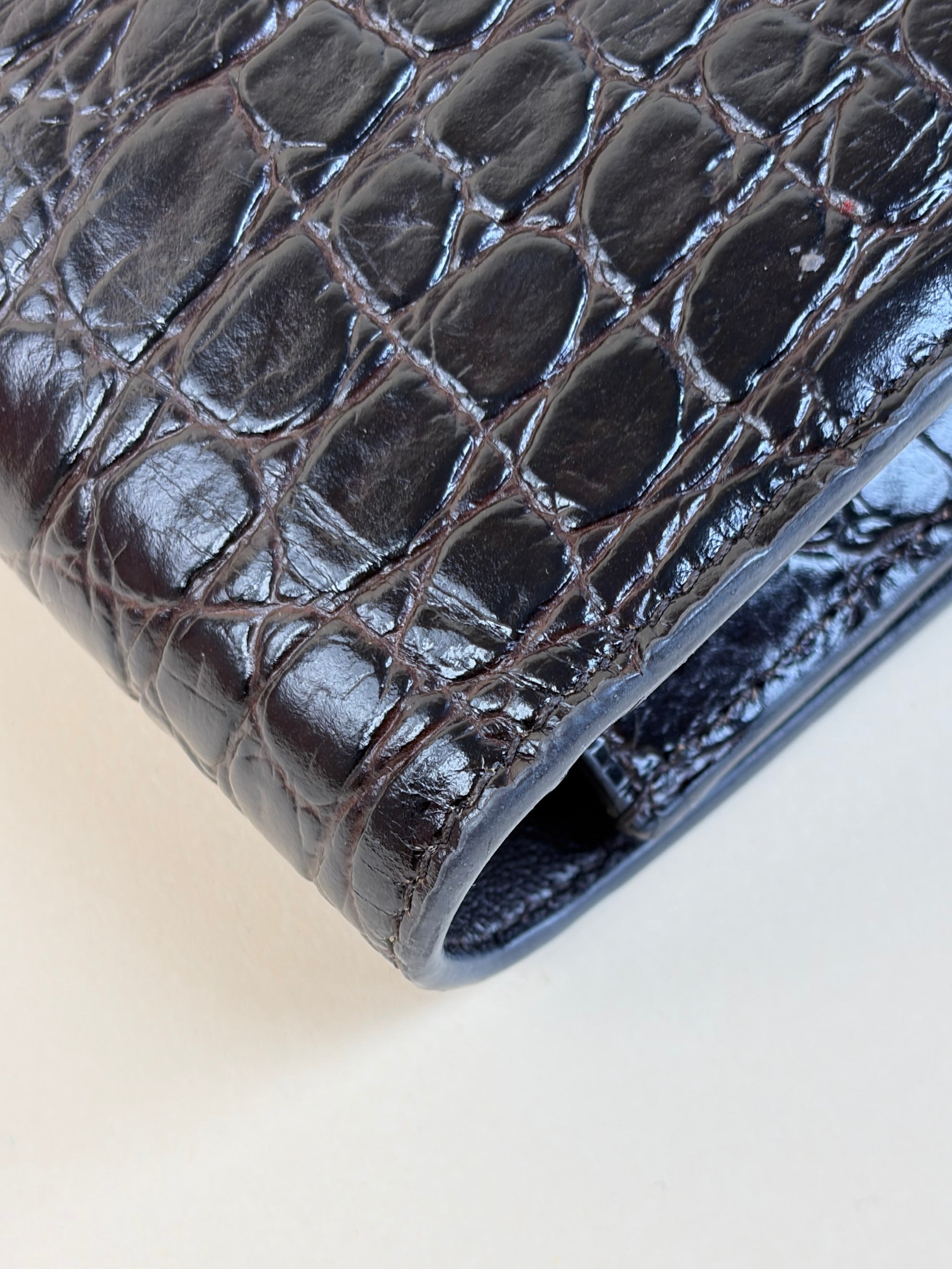 YSL Black calfskin dark-brown crocodile embossed Kate tassel chain wallet