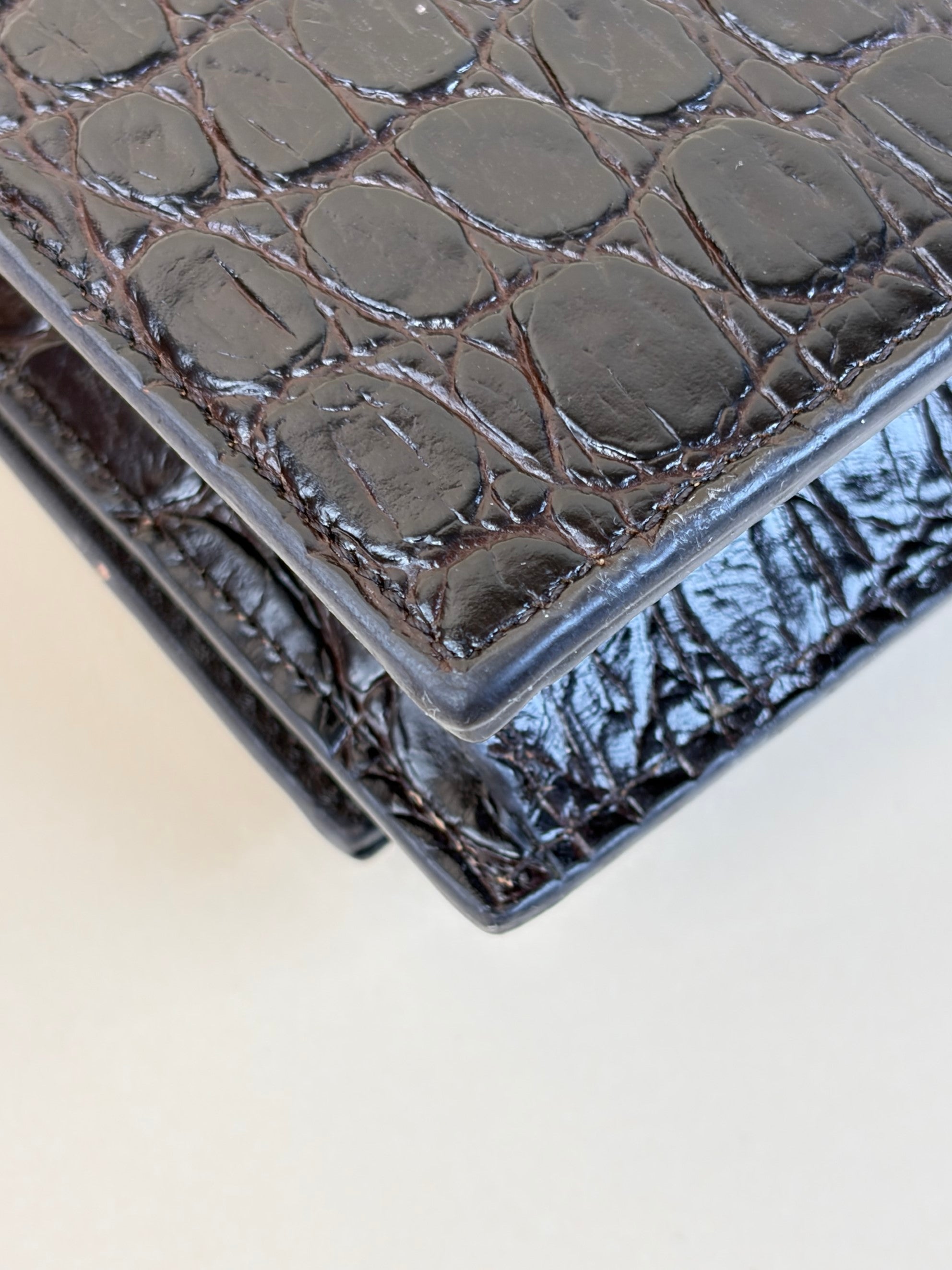 YSL Black calfskin dark-brown crocodile embossed Kate tassel chain wallet