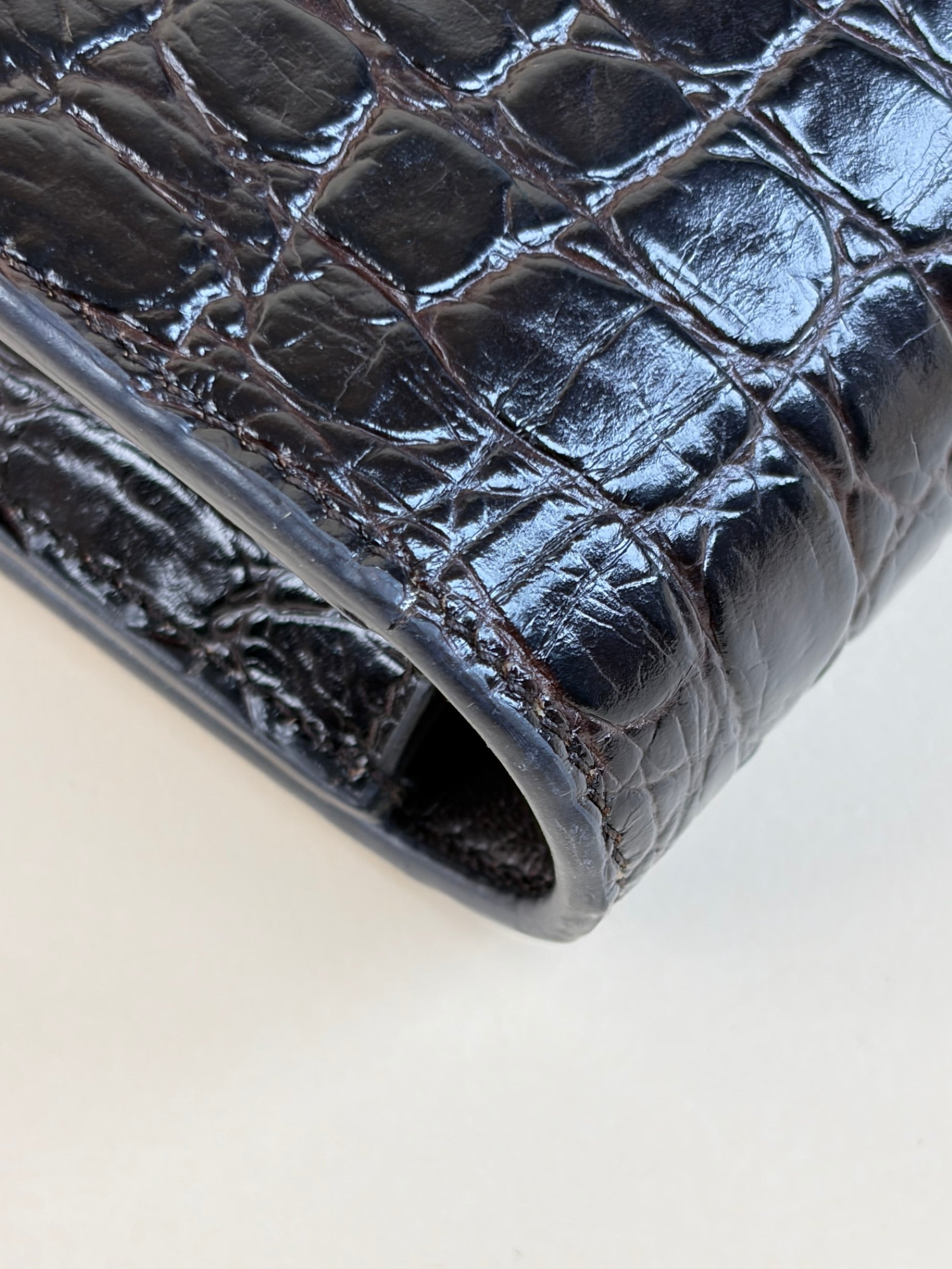 YSL Black calfskin dark-brown crocodile embossed Kate tassel chain wallet