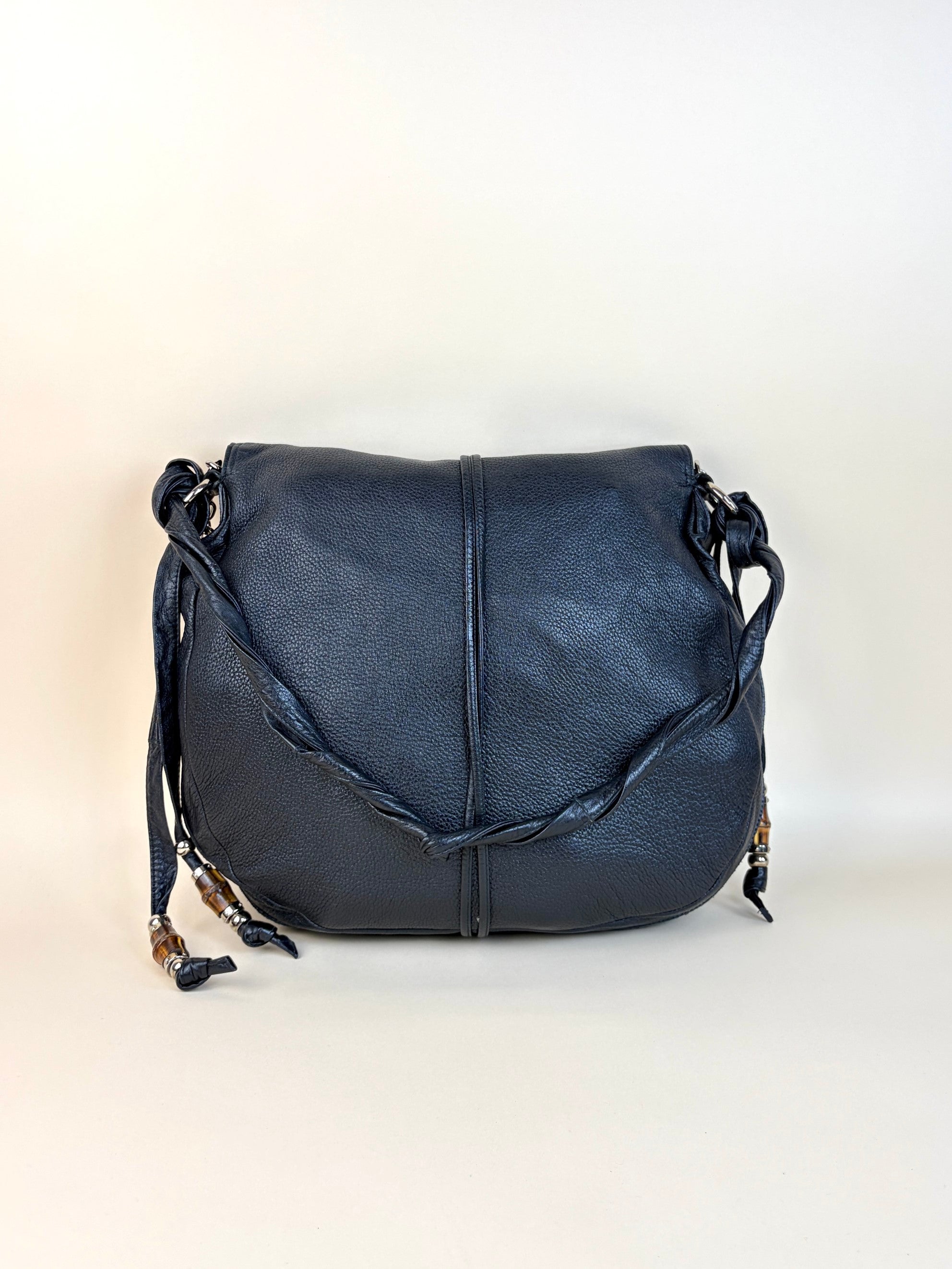 Gucci black leather bamboo jungle messenger chain bag
