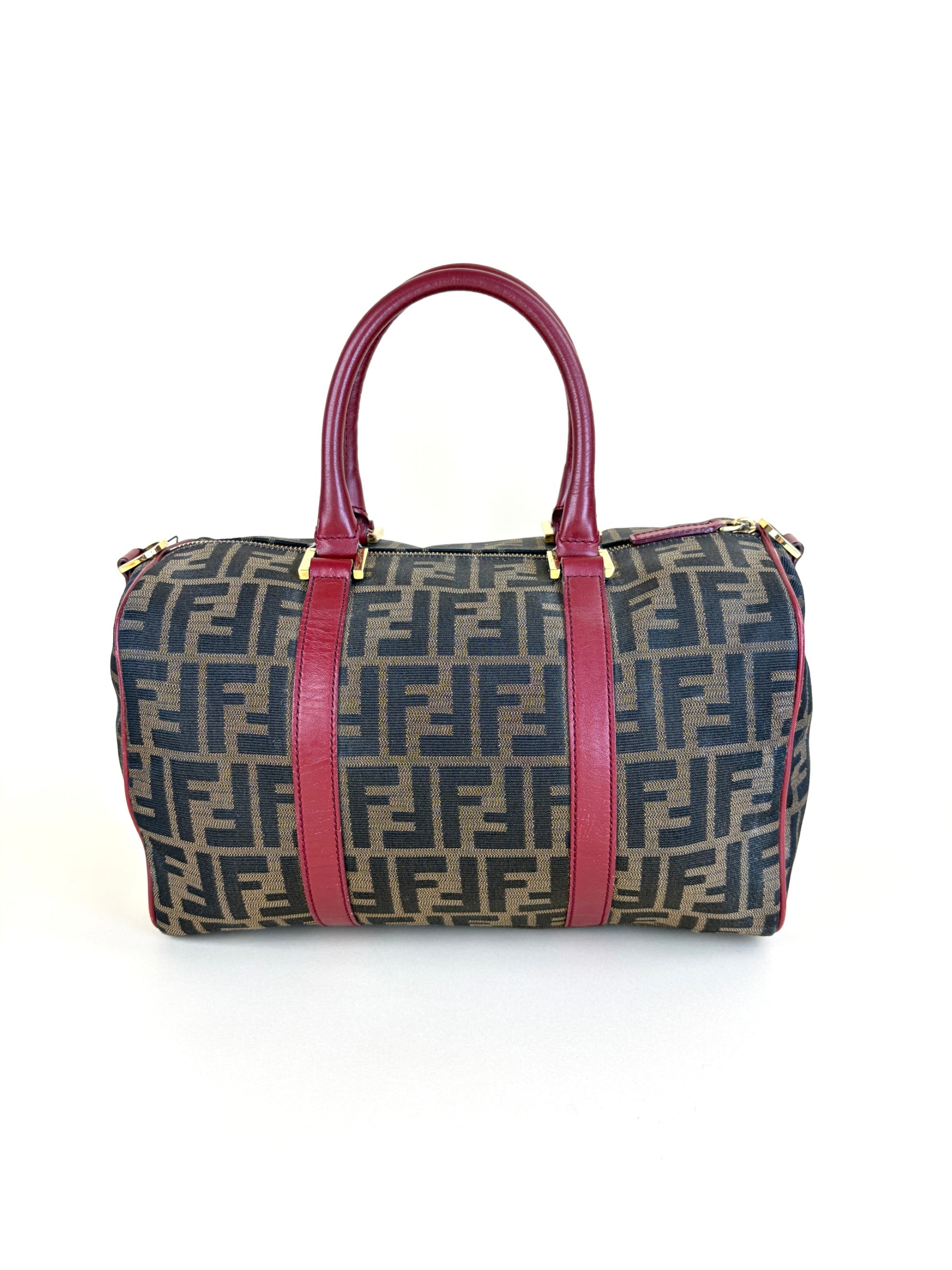 Fendi Zucca Boston tobacco canvas red leather convertible medium Boston
