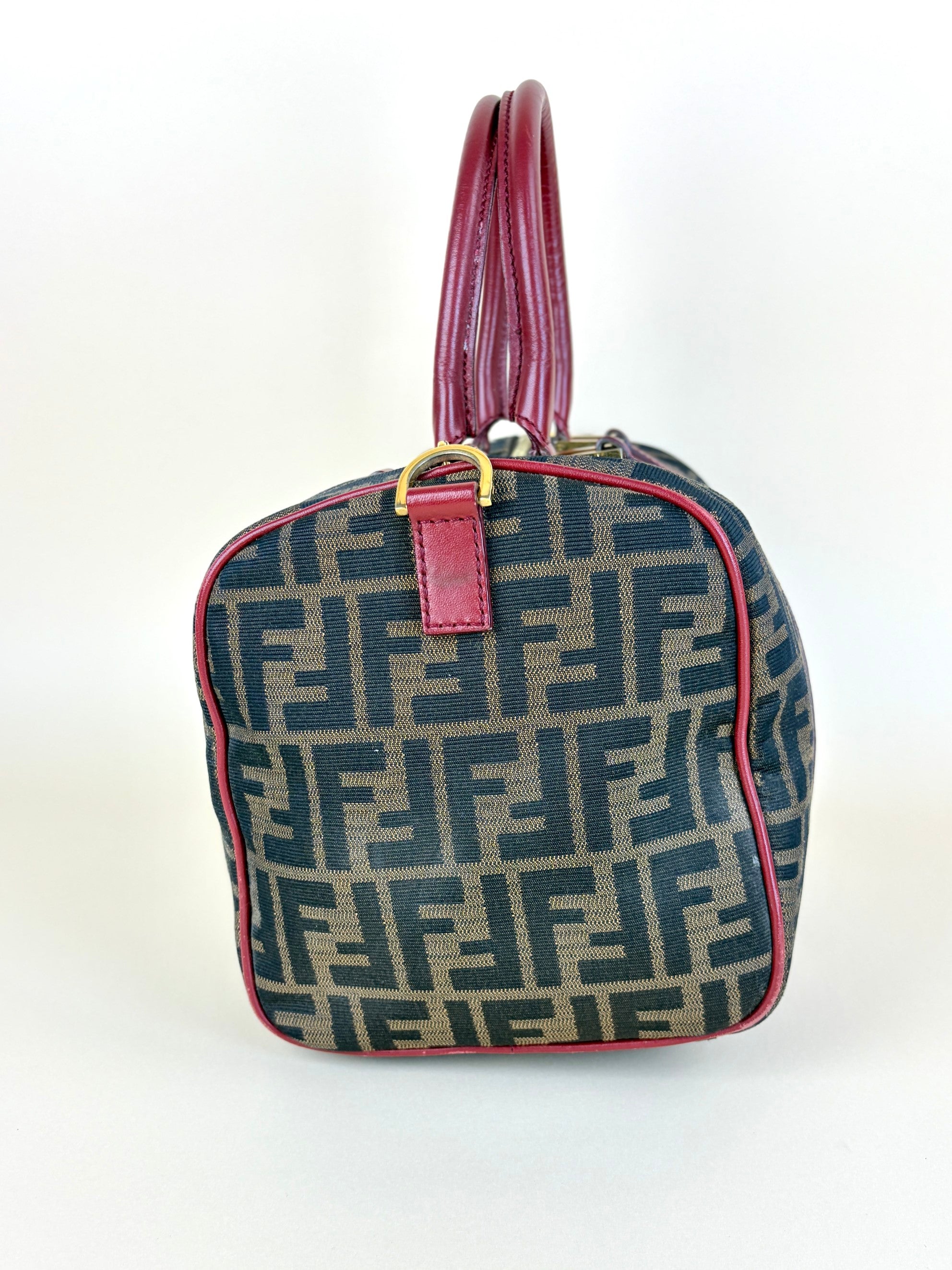 Fendi Zucca Boston tobacco canvas red leather convertible medium Boston
