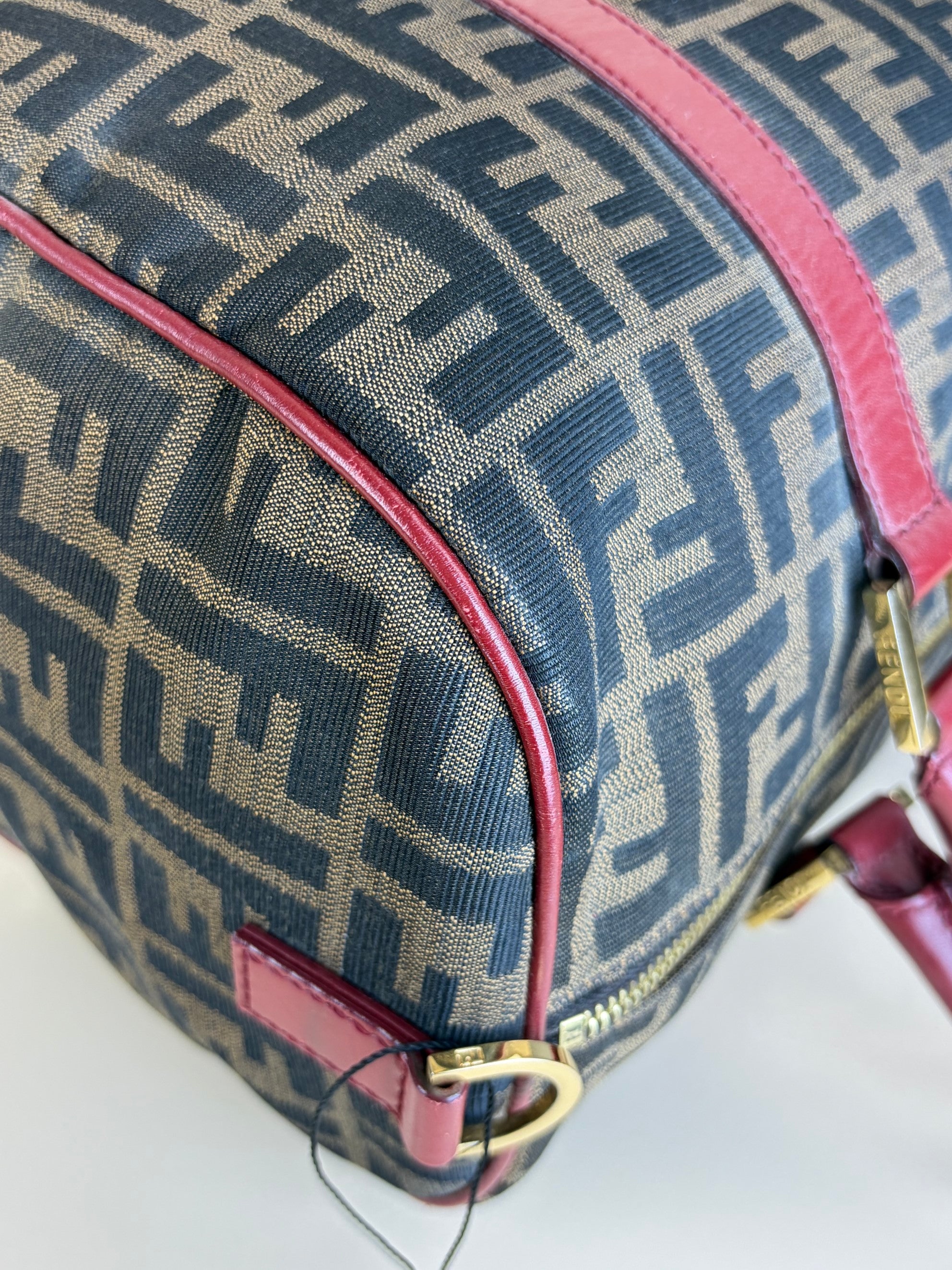 Fendi Zucca Boston tobacco canvas red leather convertible medium Boston