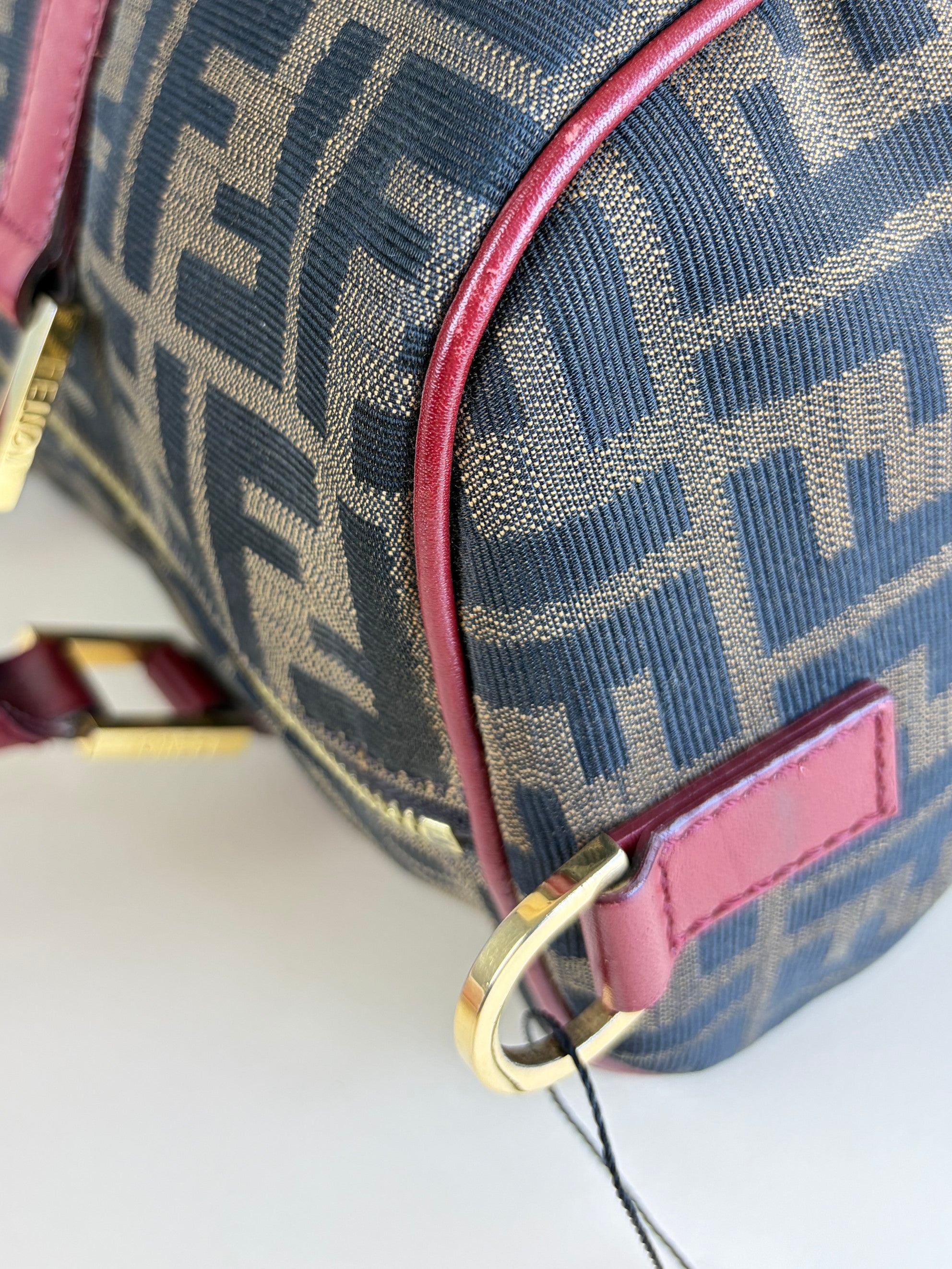 Fendi Zucca Boston tobacco canvas red leather convertible medium Boston