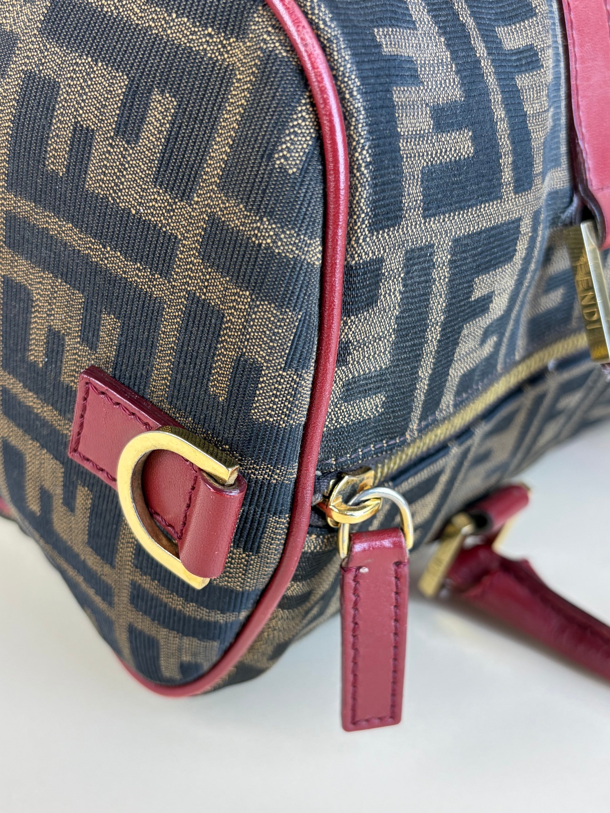 Fendi Zucca Boston tobacco canvas red leather convertible medium Boston