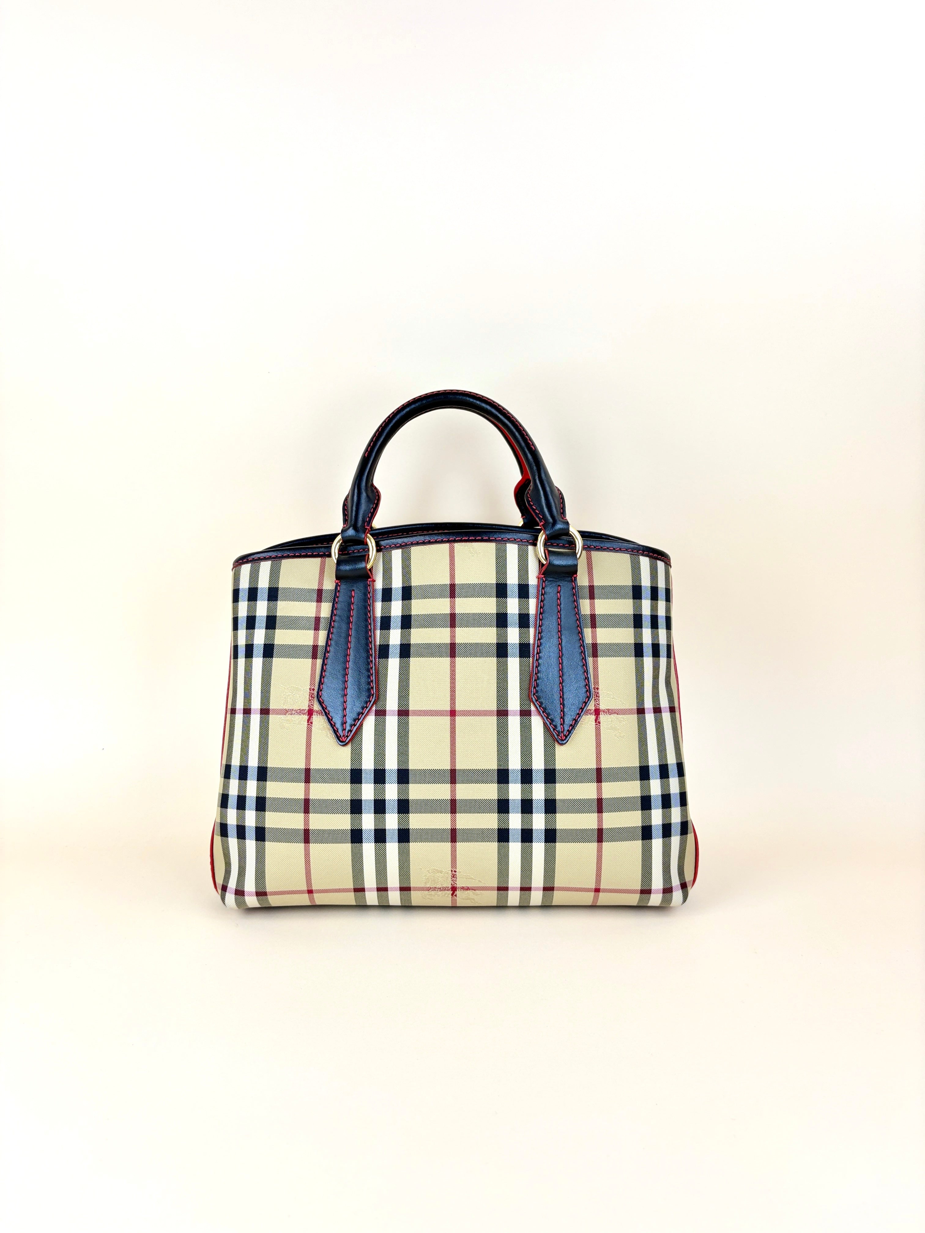Burberry Bicolor Horseferry Check Ballingdon Contrast Stitch Medium Tote Bag