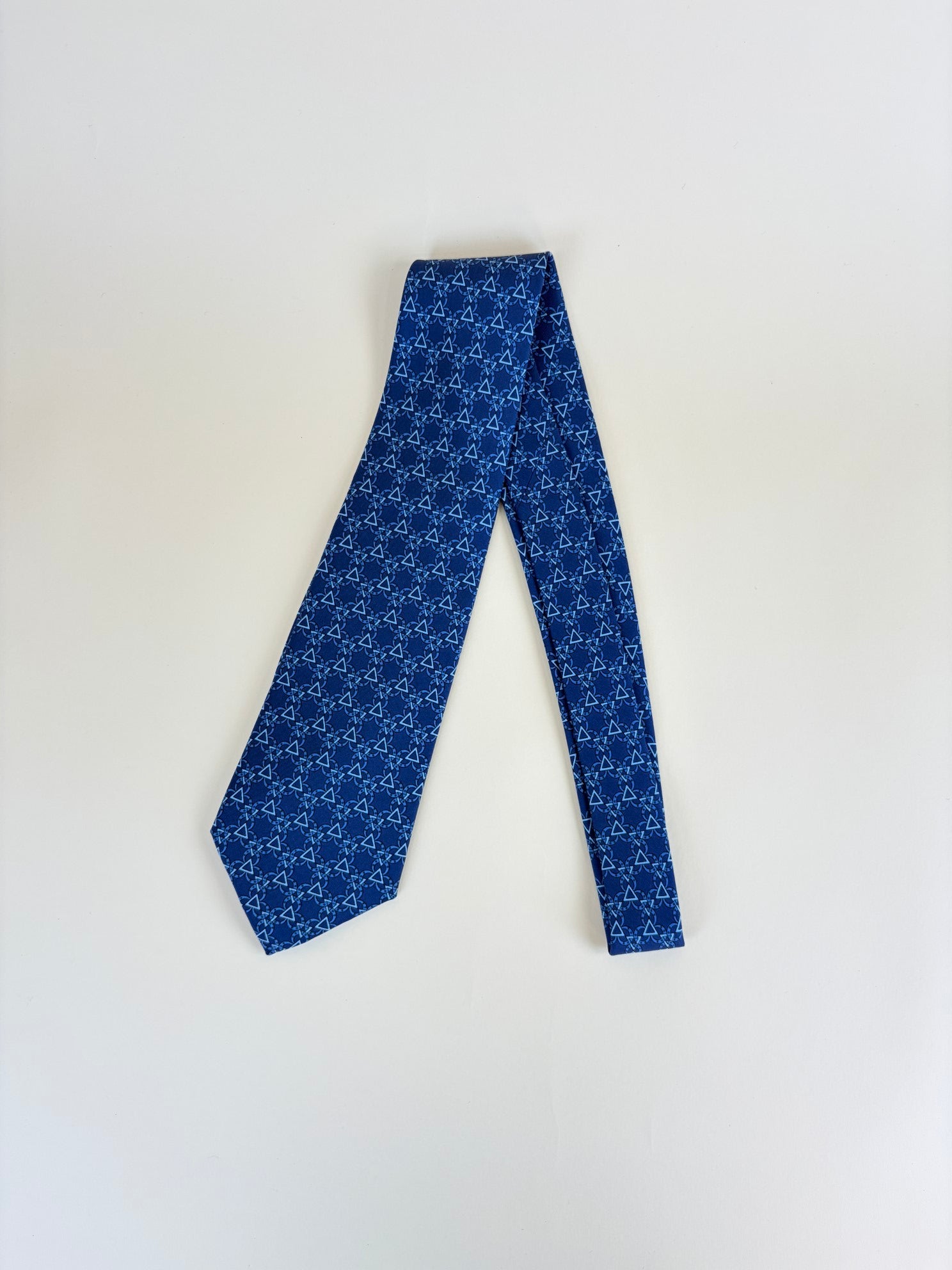 Hermes Blue Geometric Pattern Neck Tie W/ Matching Pocket Square (SET)