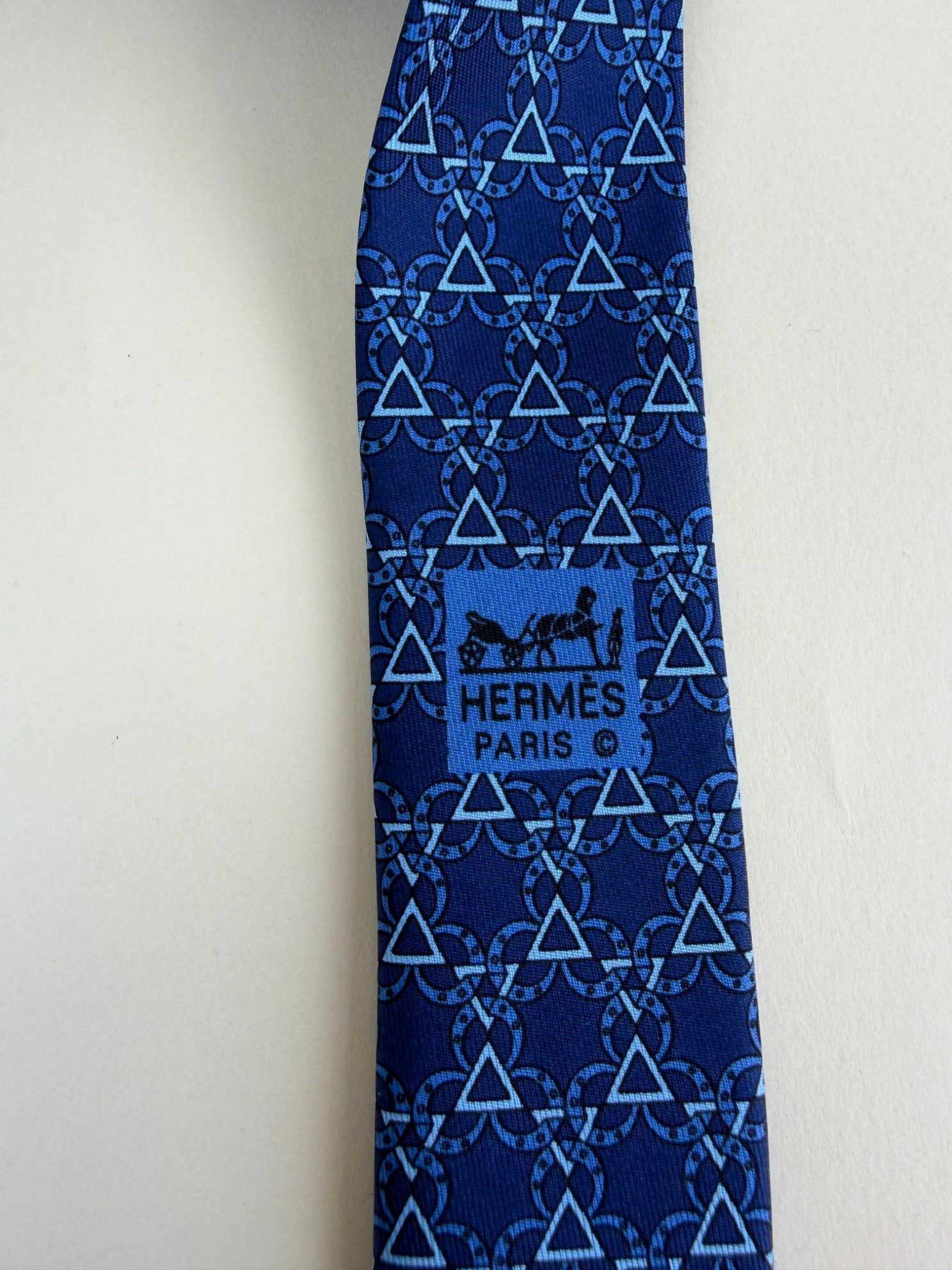 Hermes Blue Geometric Pattern Neck Tie W/ Matching Pocket Square (SET)