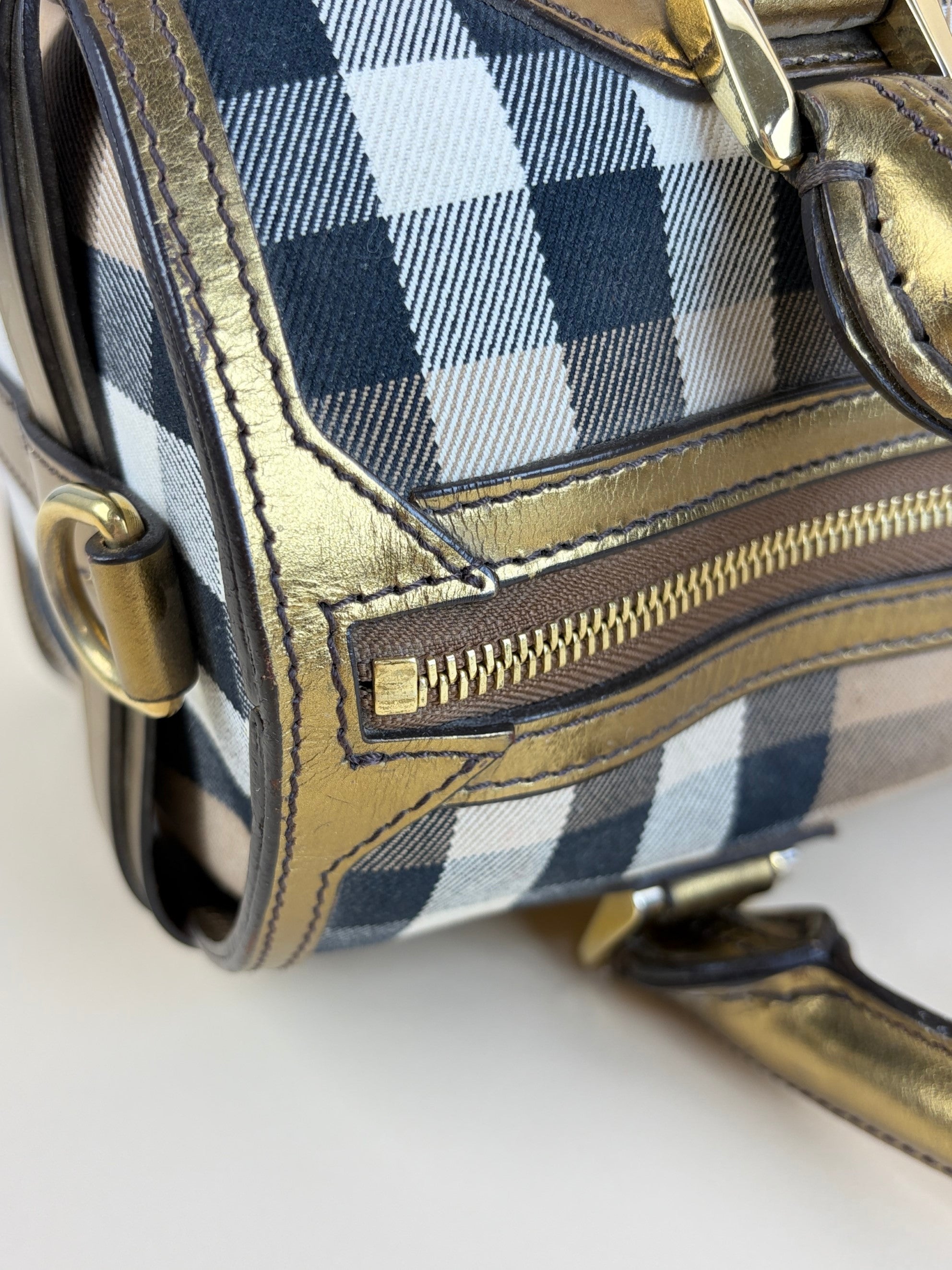 Burberry gold leather house check bridle chaste bowler bag