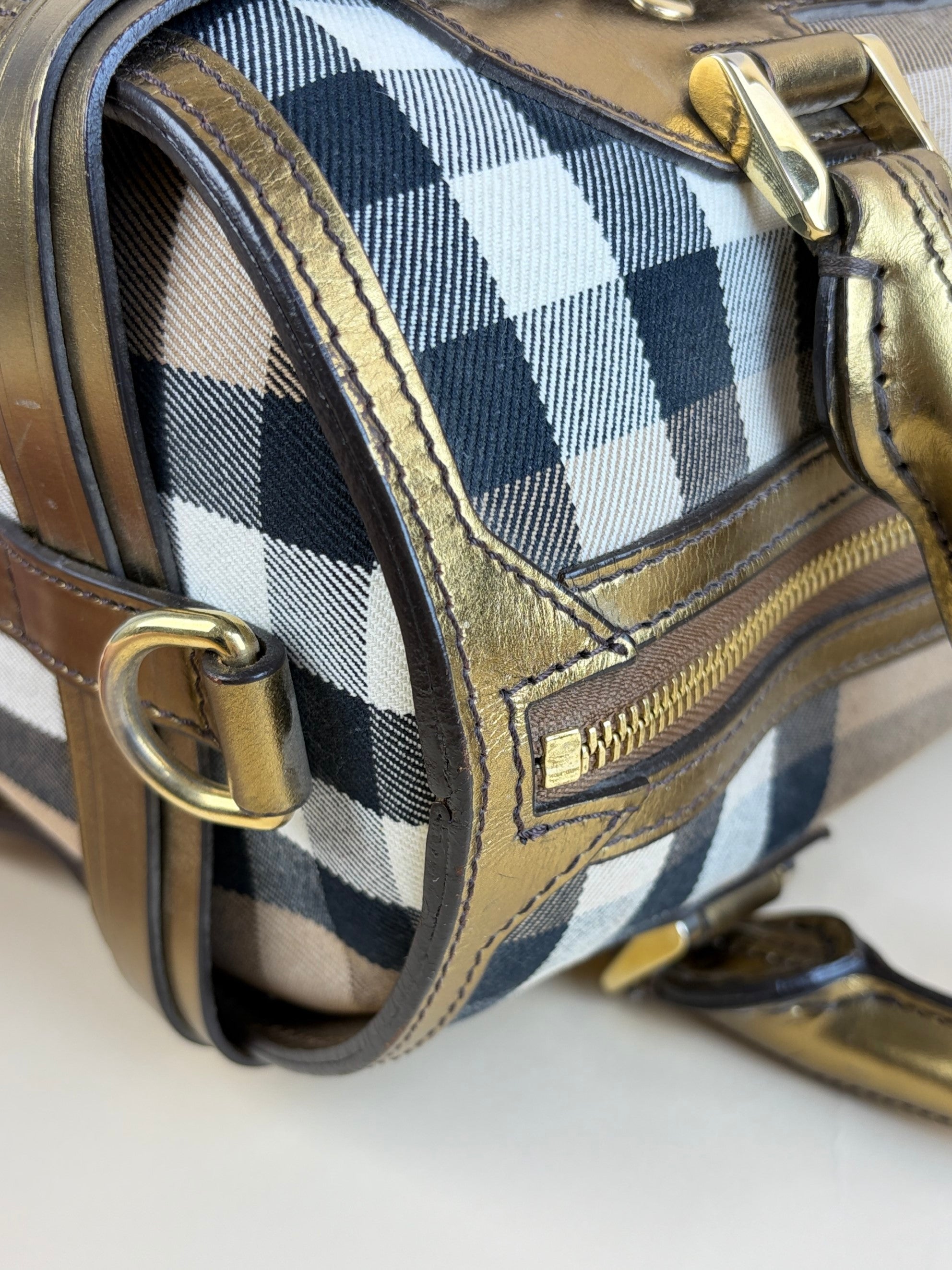 Burberry gold leather house check bridle chaste bowler bag