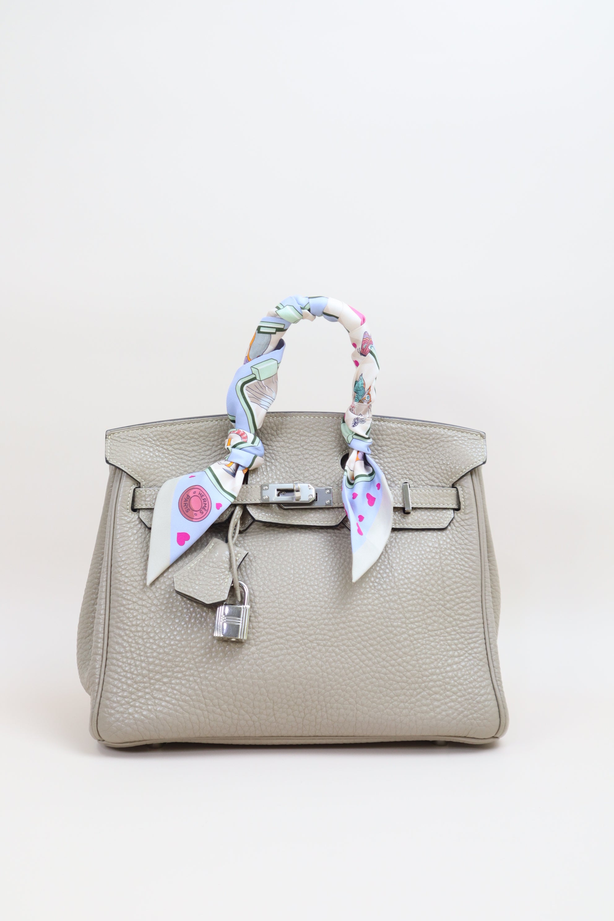 Hermes Gris Tourterelle Birkin 25 Bag with Twilly