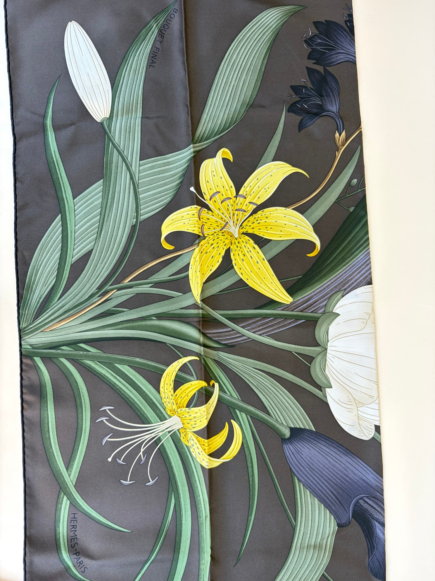 Hermes bouquet final silk scarf ebne sable vert