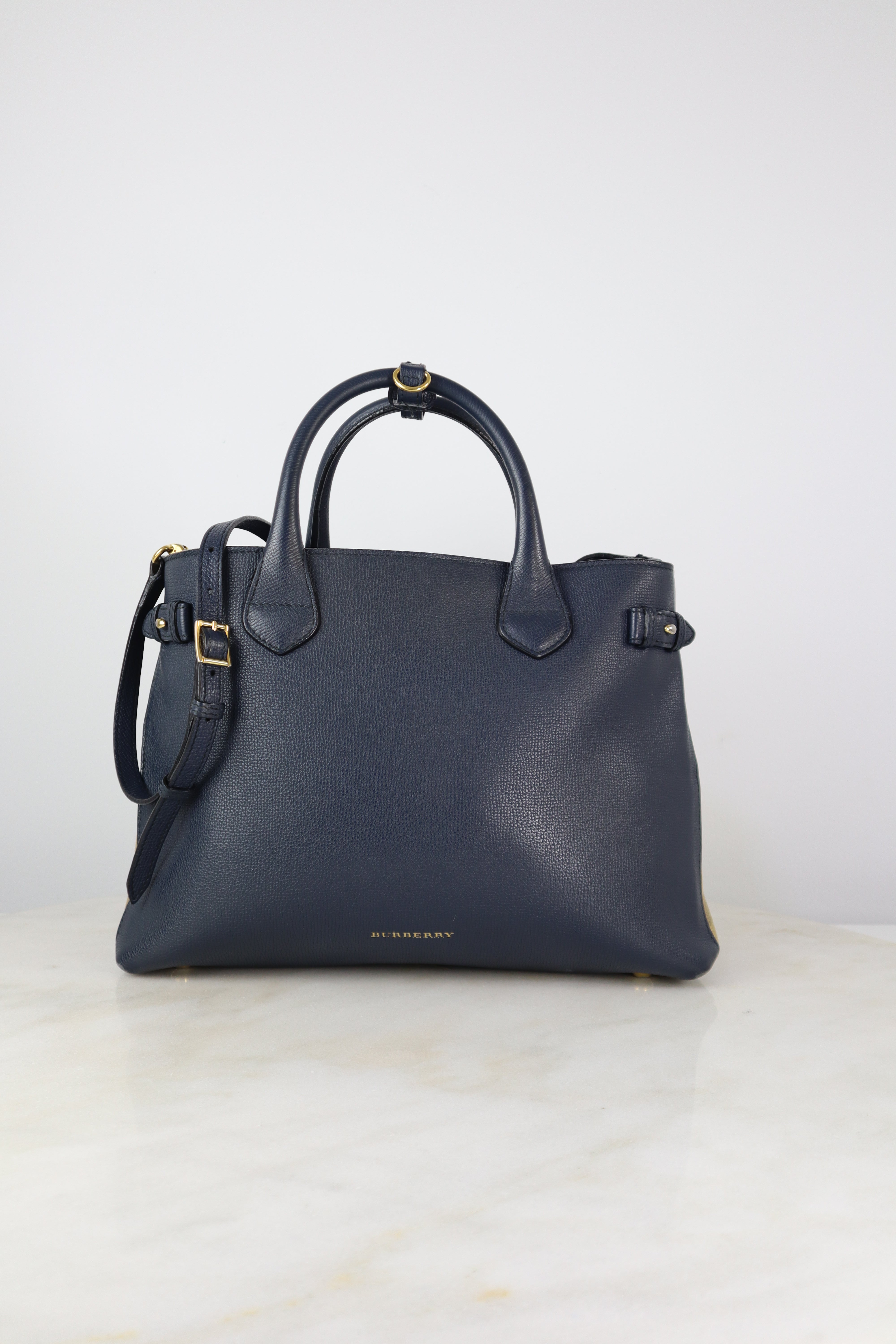 Burberry Navy House Check Medium Pebbled Banner Top Handle Bag
