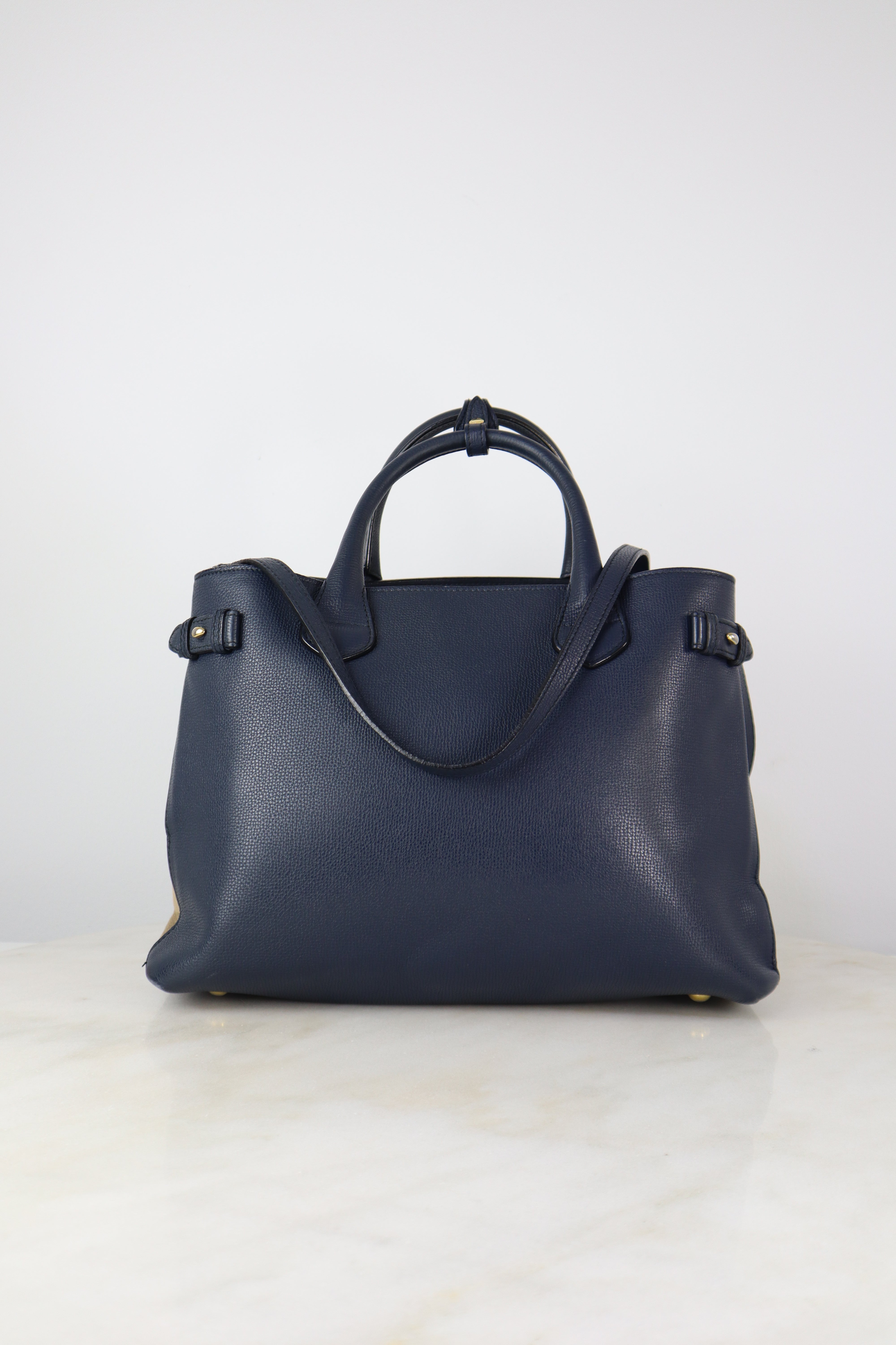 Burberry Navy House Check Medium Pebbled Banner Top Handle Bag