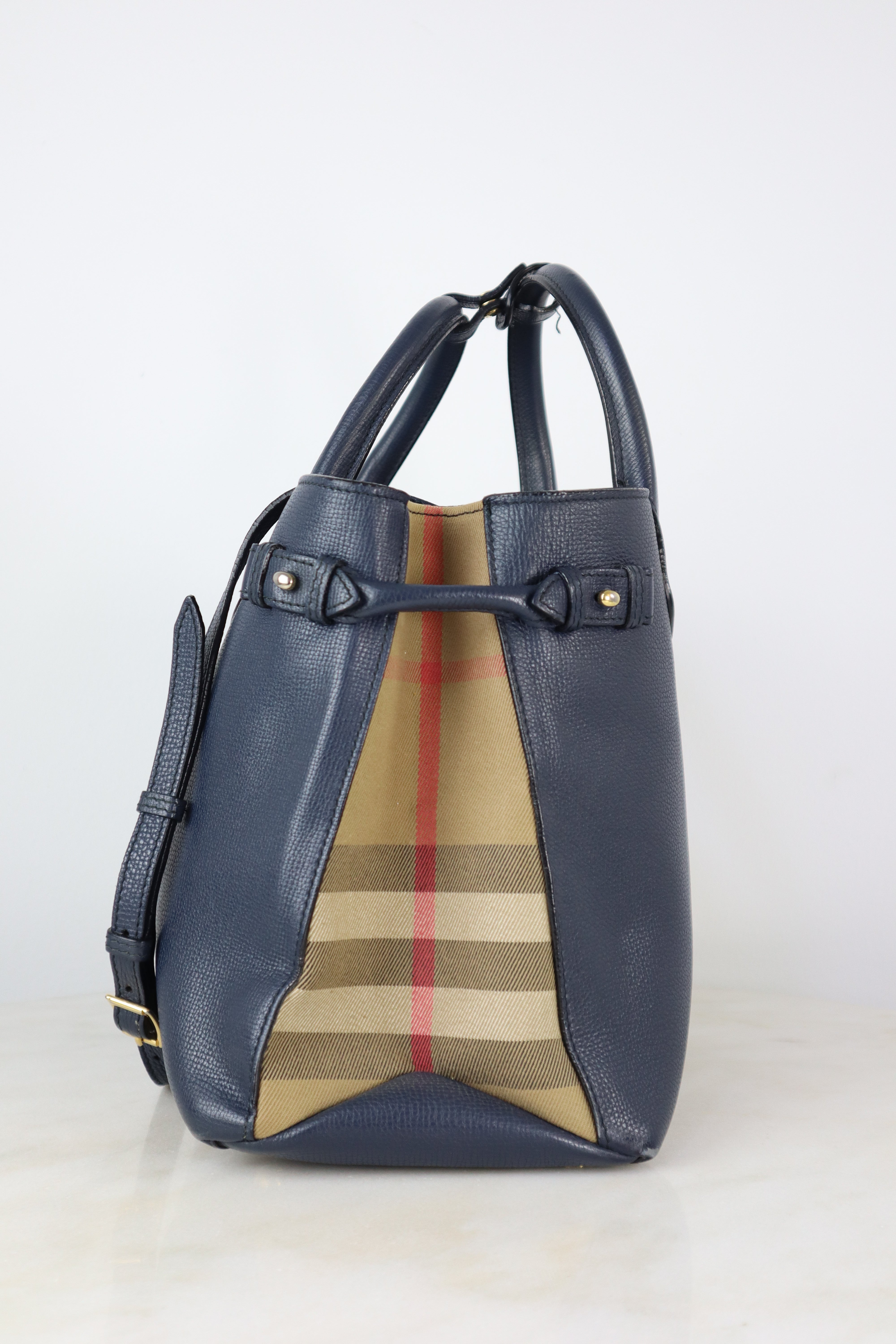 Burberry Navy House Check Medium Pebbled Banner Top Handle Bag