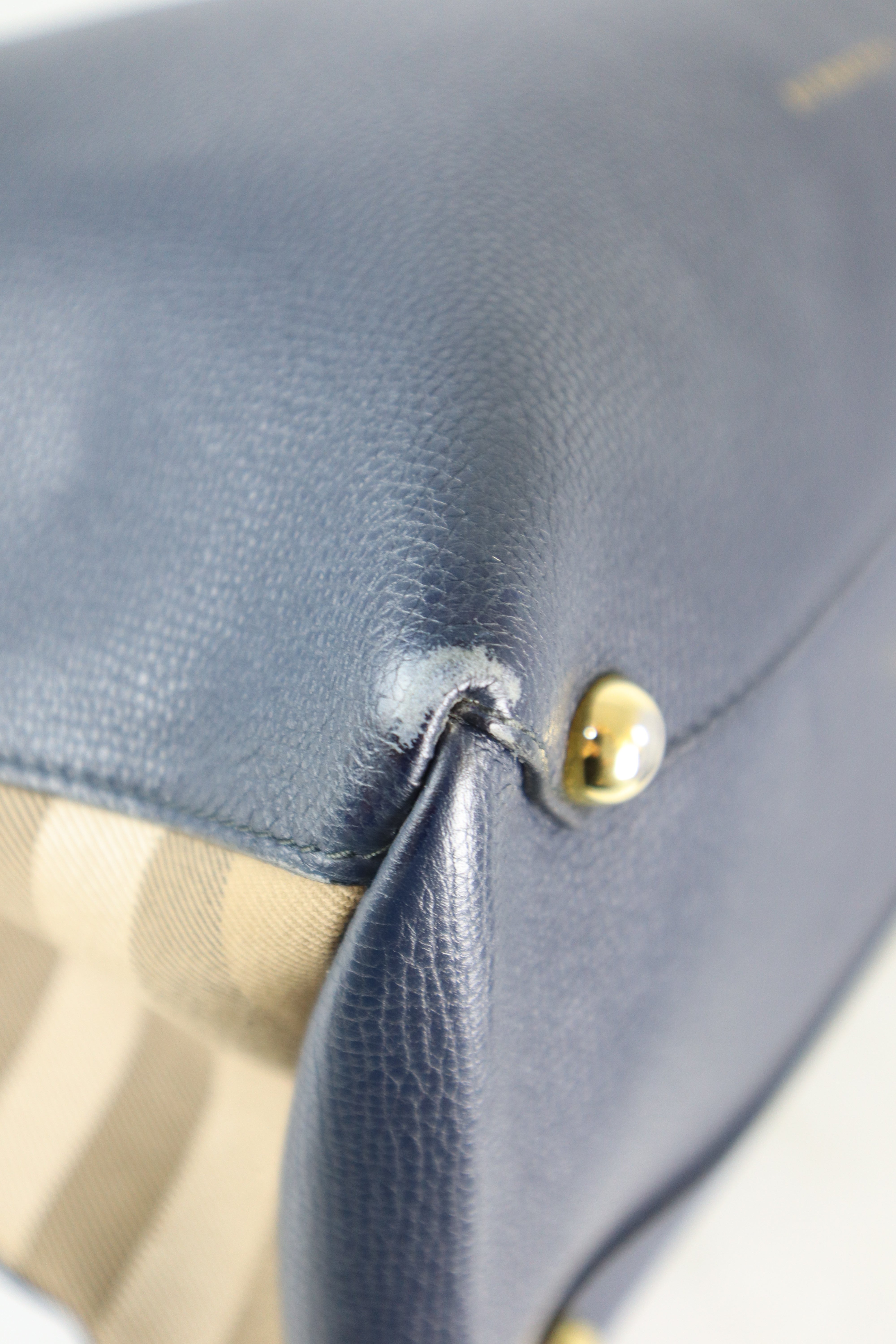 Burberry Navy House Check Medium Pebbled Banner Top Handle Bag