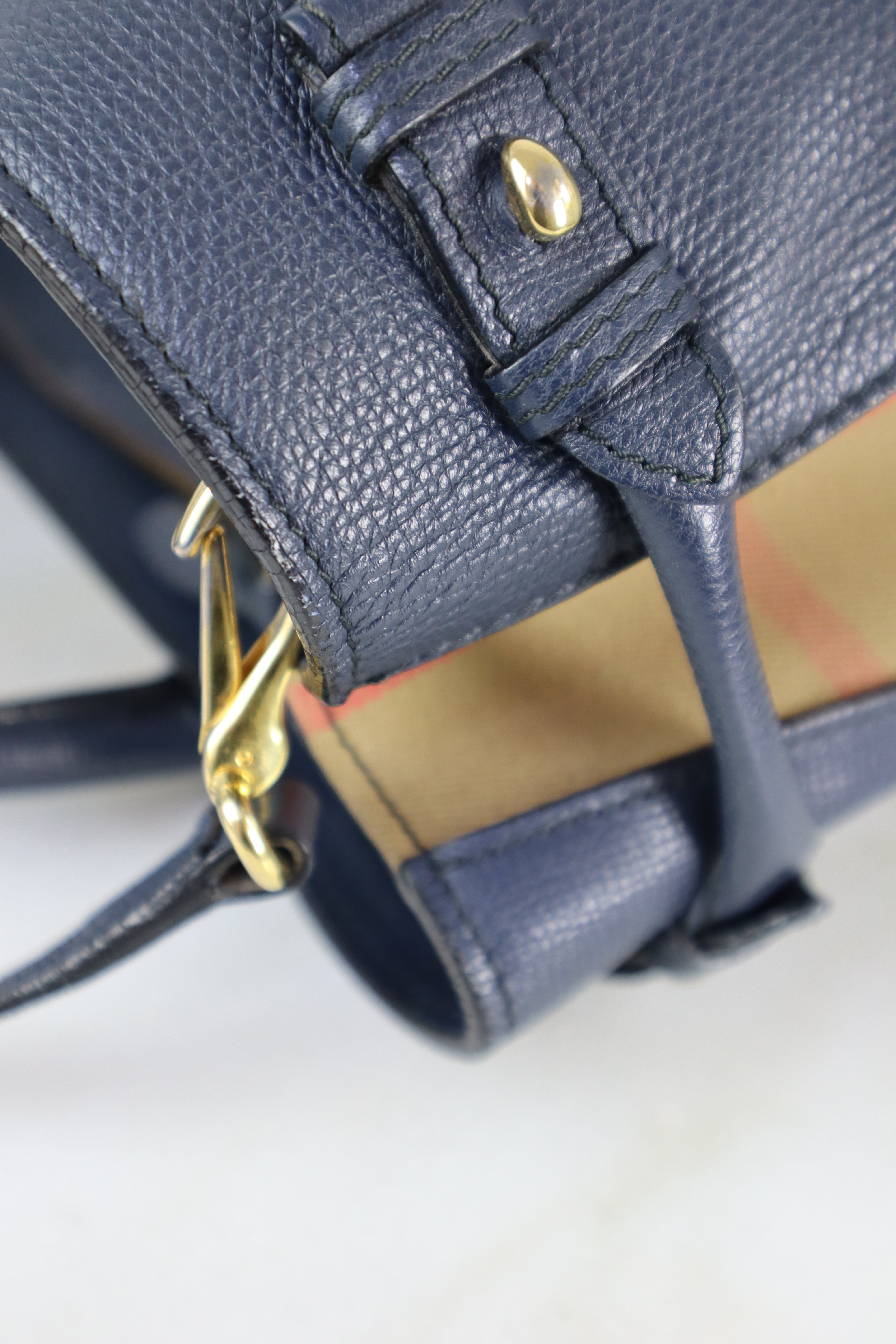 Burberry Navy House Check Medium Pebbled Banner Top Handle Bag