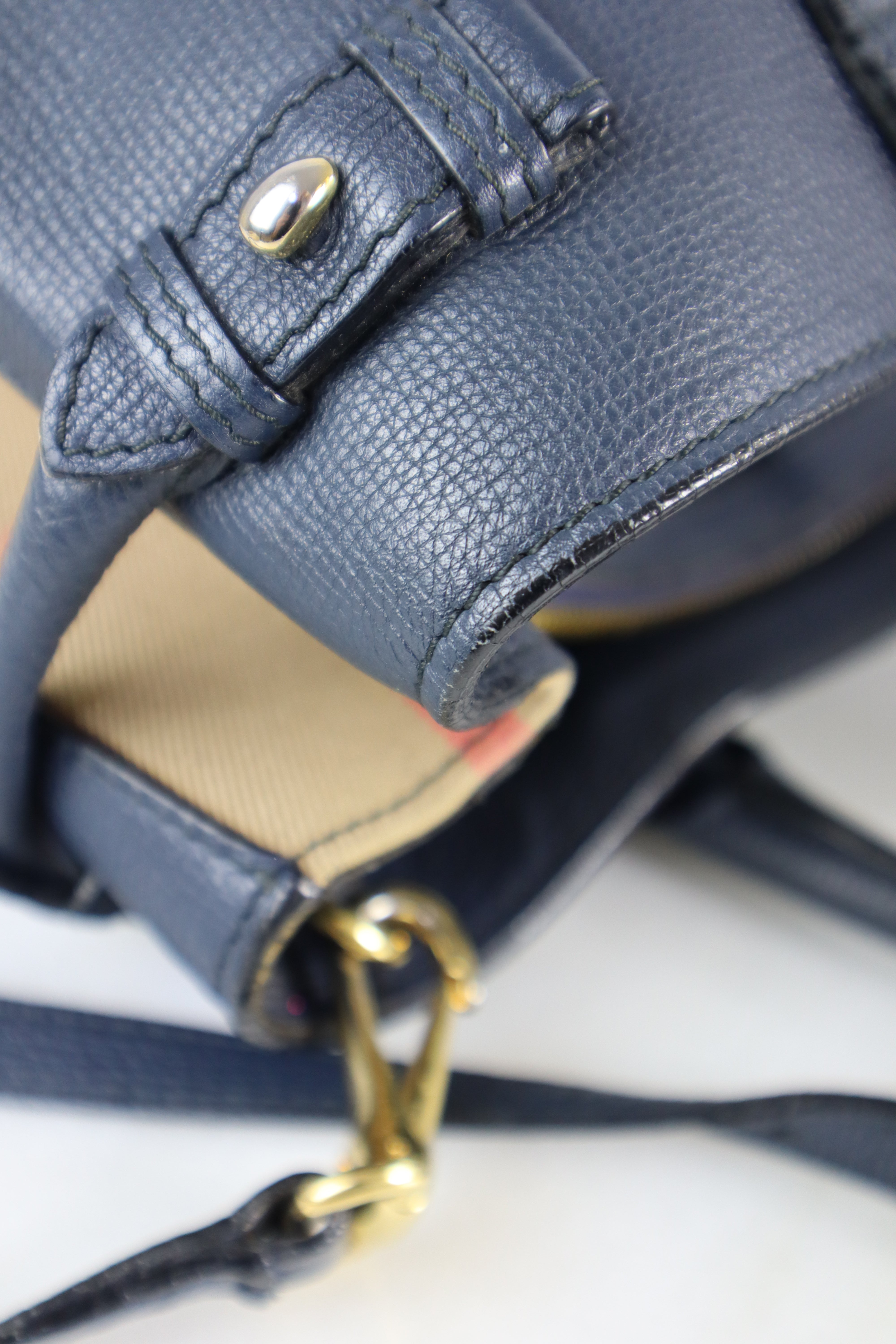 Burberry Navy House Check Medium Pebbled Banner Top Handle Bag