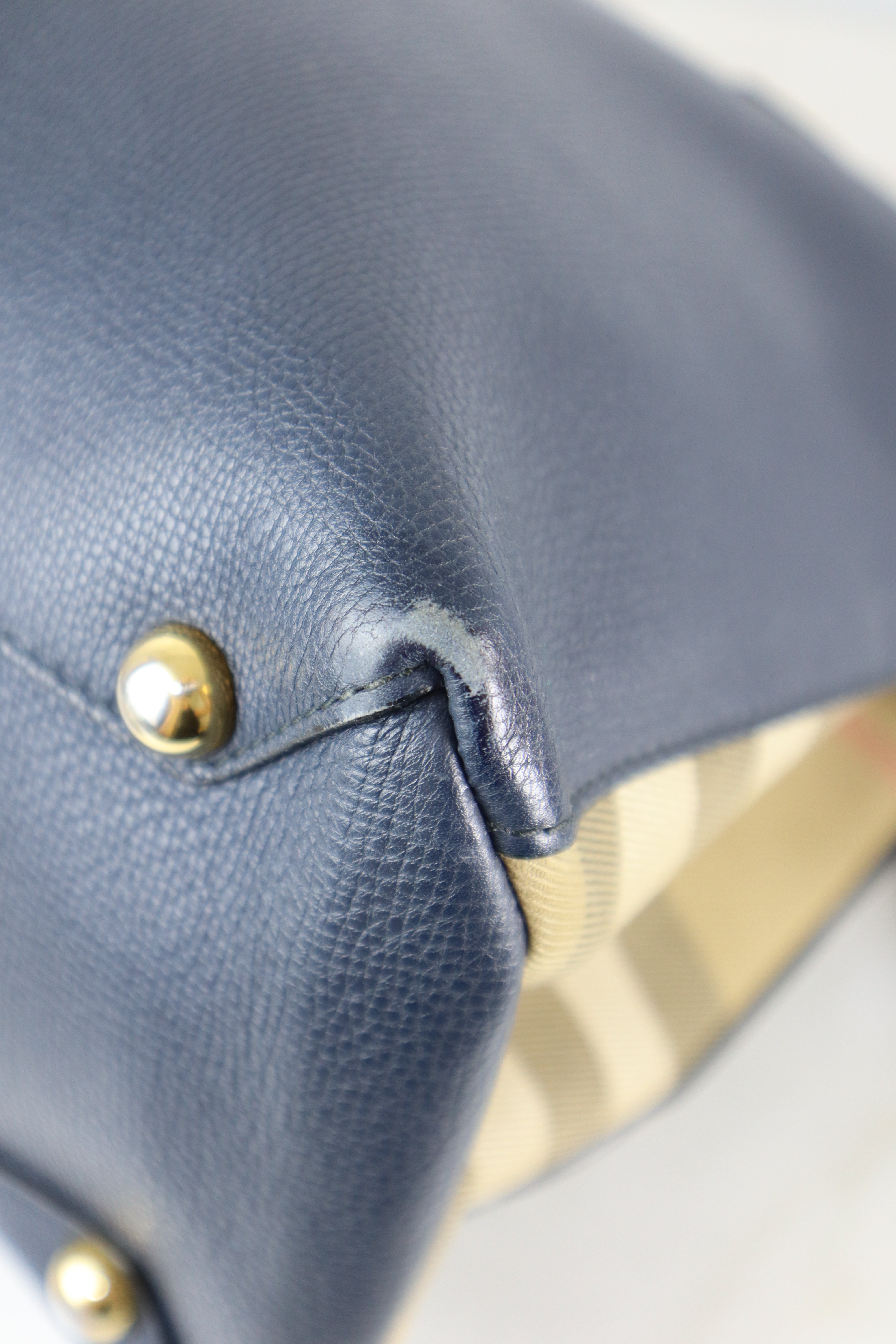 Burberry Navy House Check Medium Pebbled Banner Top Handle Bag