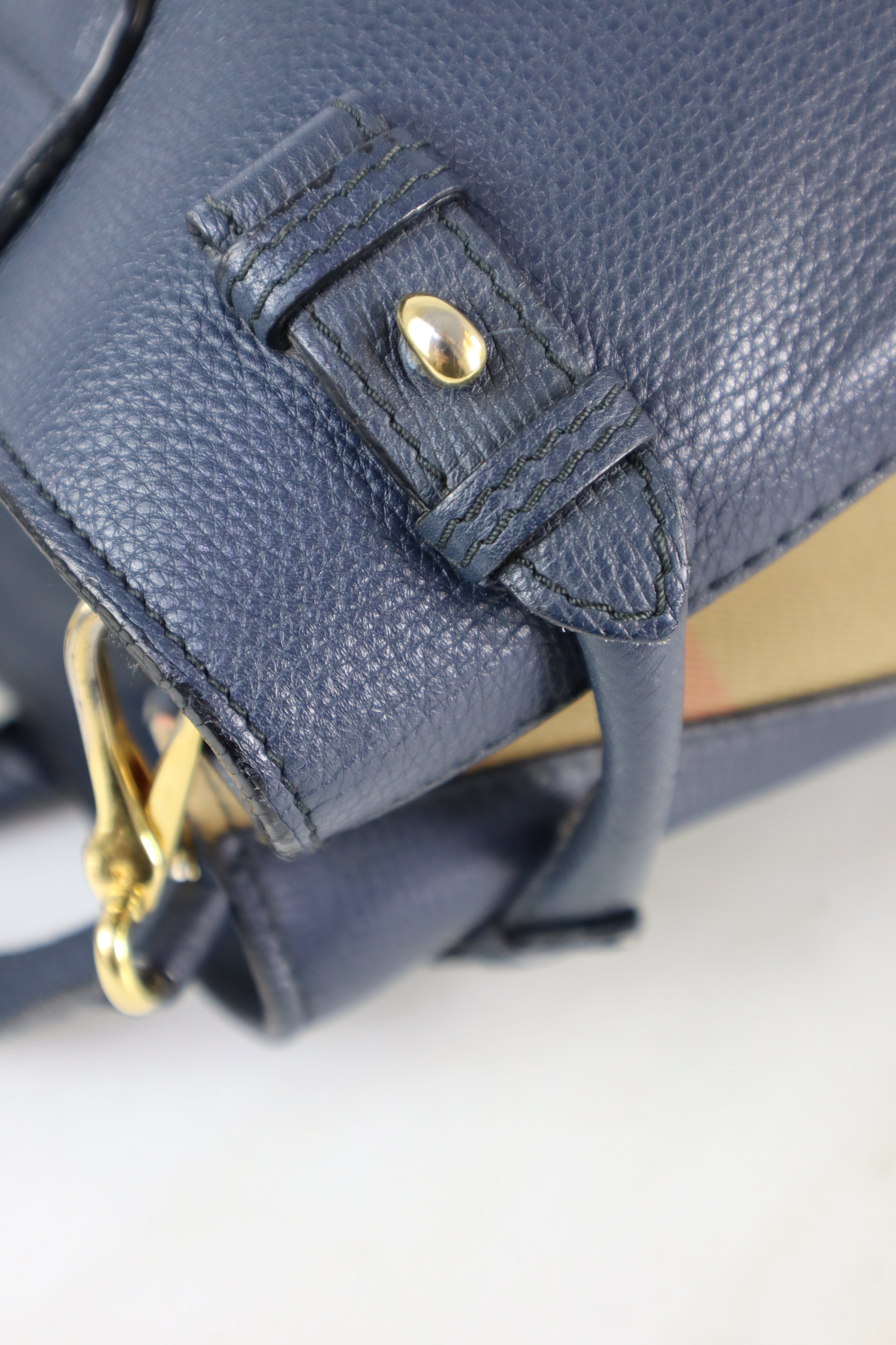 Burberry Navy House Check Medium Pebbled Banner Top Handle Bag