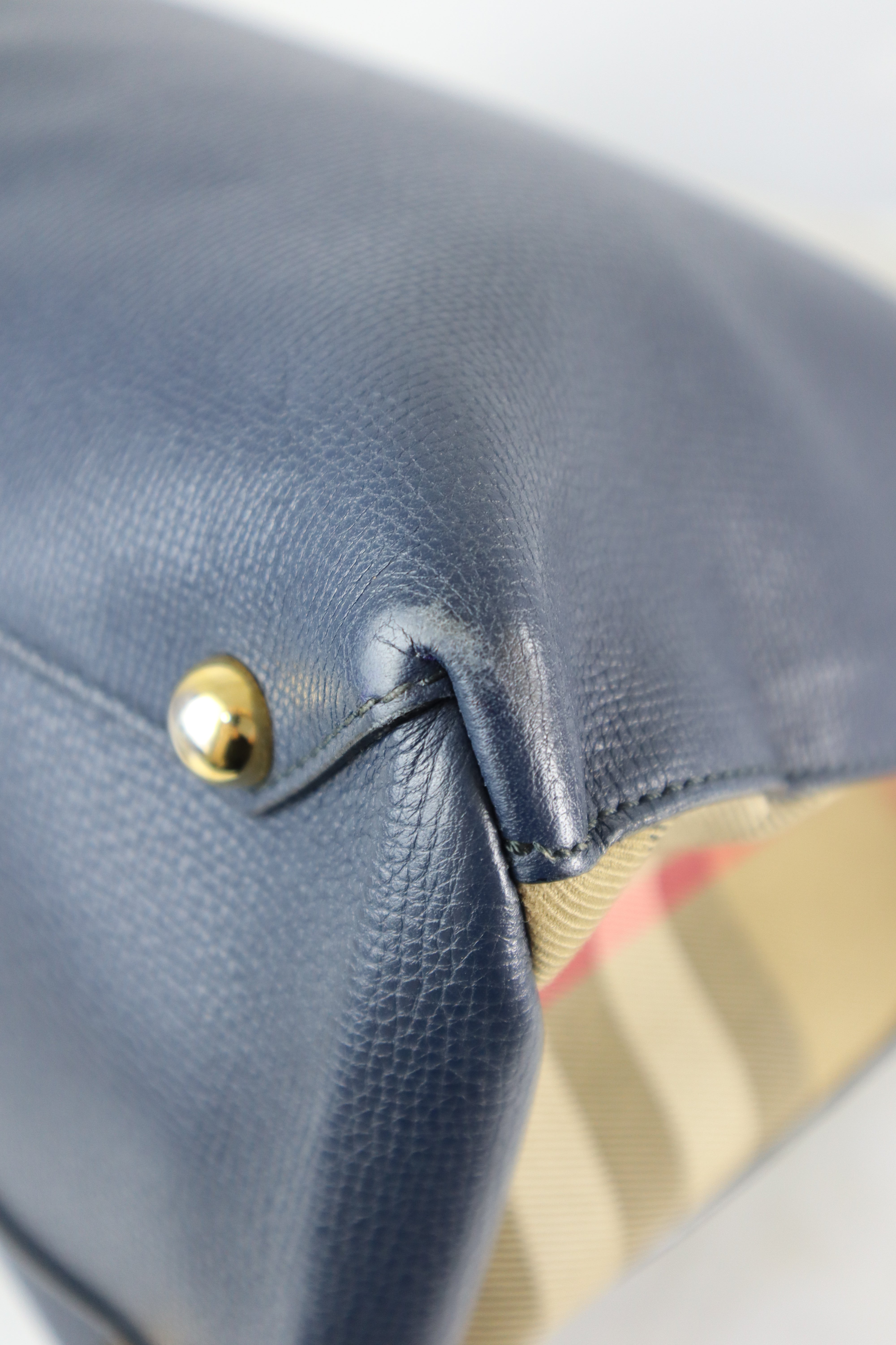 Burberry Navy House Check Medium Pebbled Banner Top Handle Bag