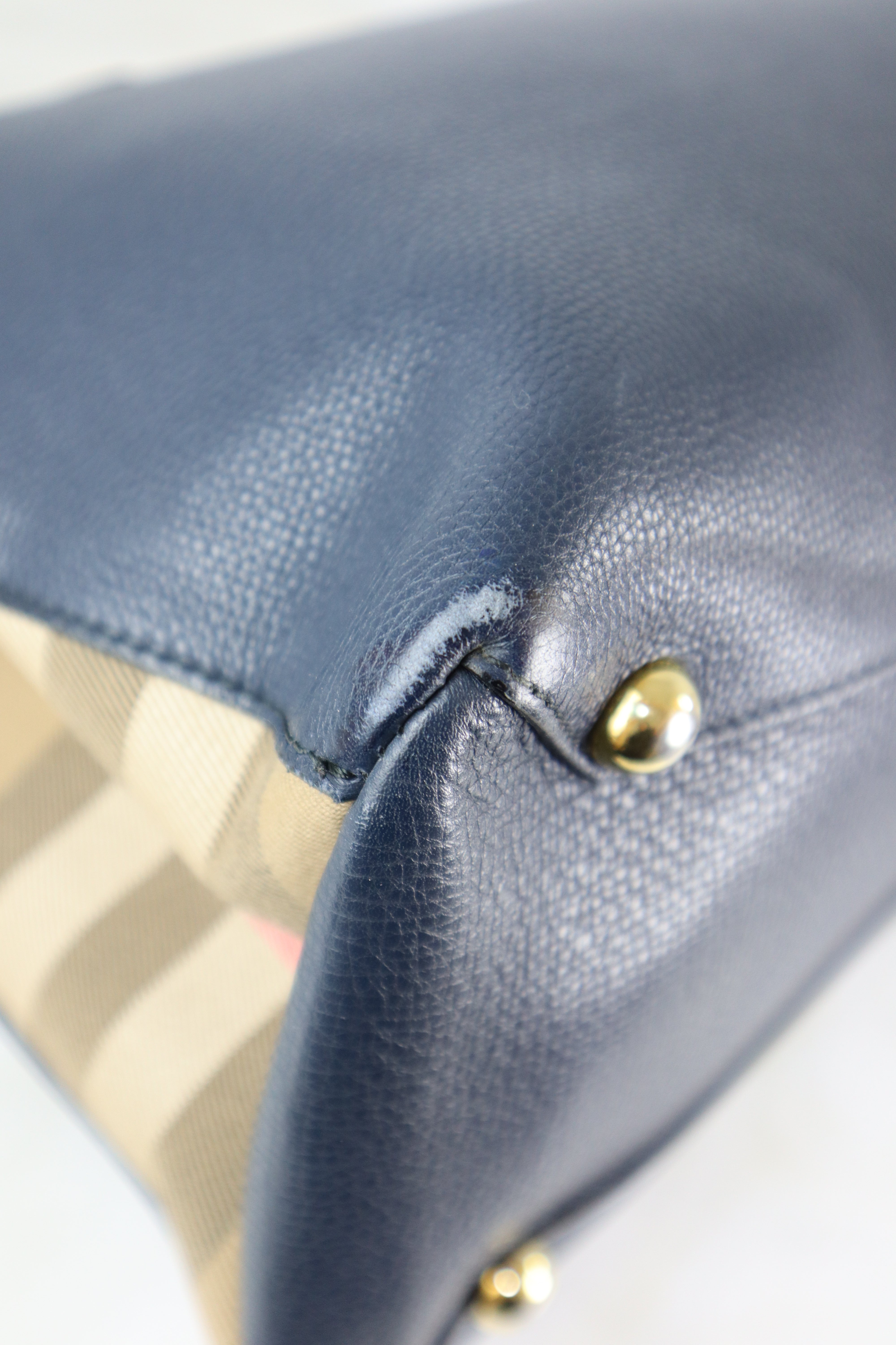 Burberry Navy House Check Medium Pebbled Banner Top Handle Bag