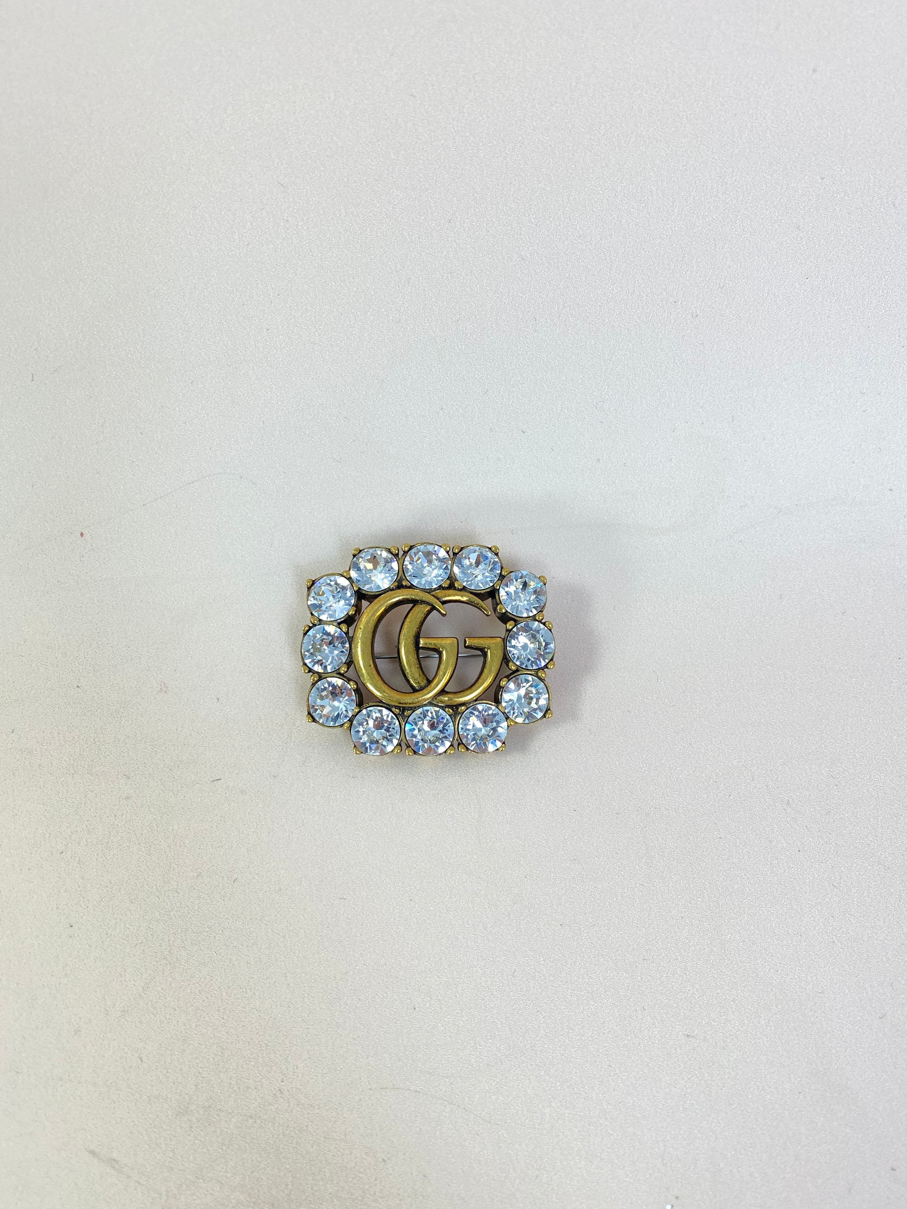 Gucci Gold GG & Crystals Brooch