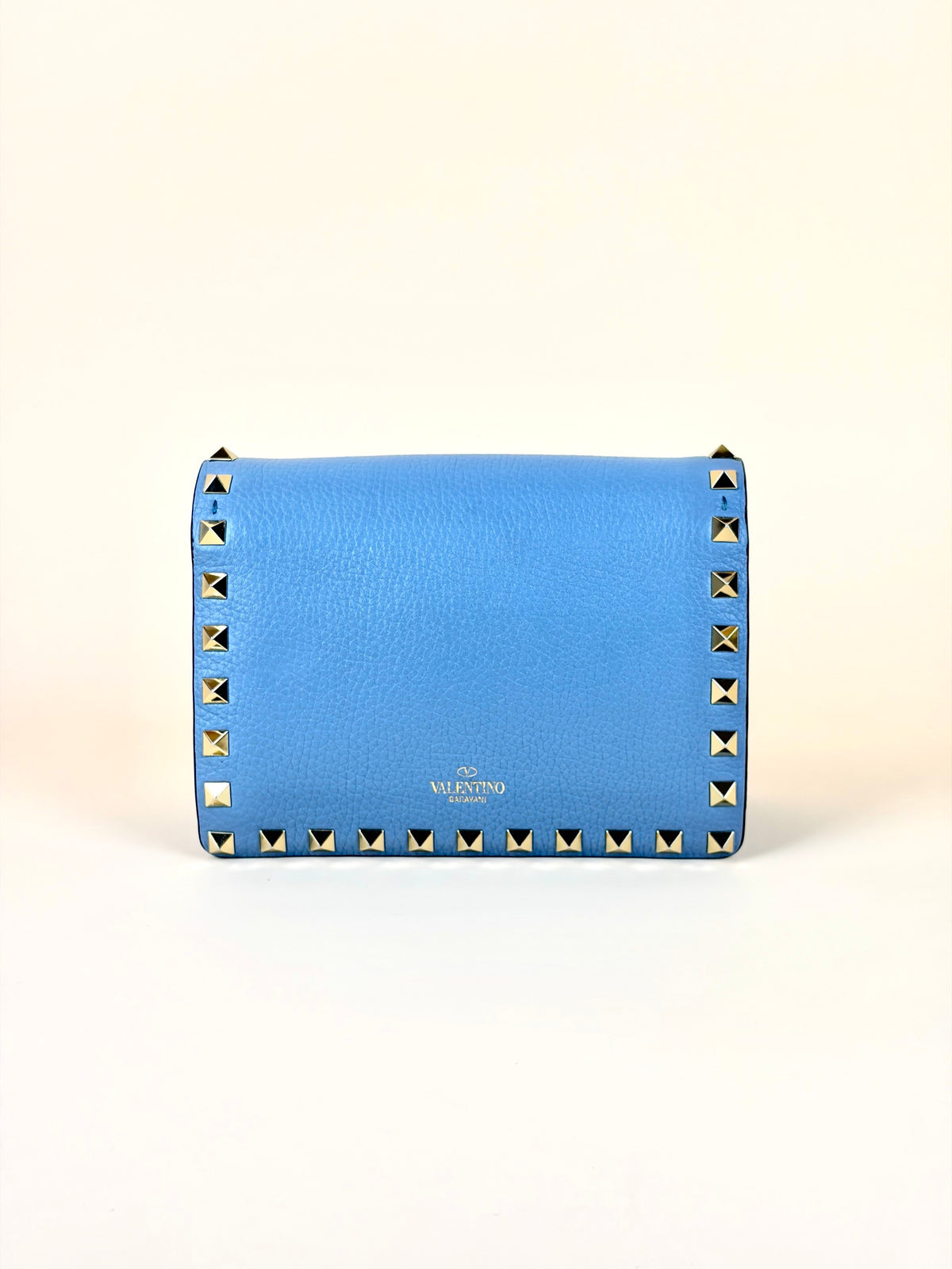 Valentino pebbled calfskin rock stud wallet on chain light blue