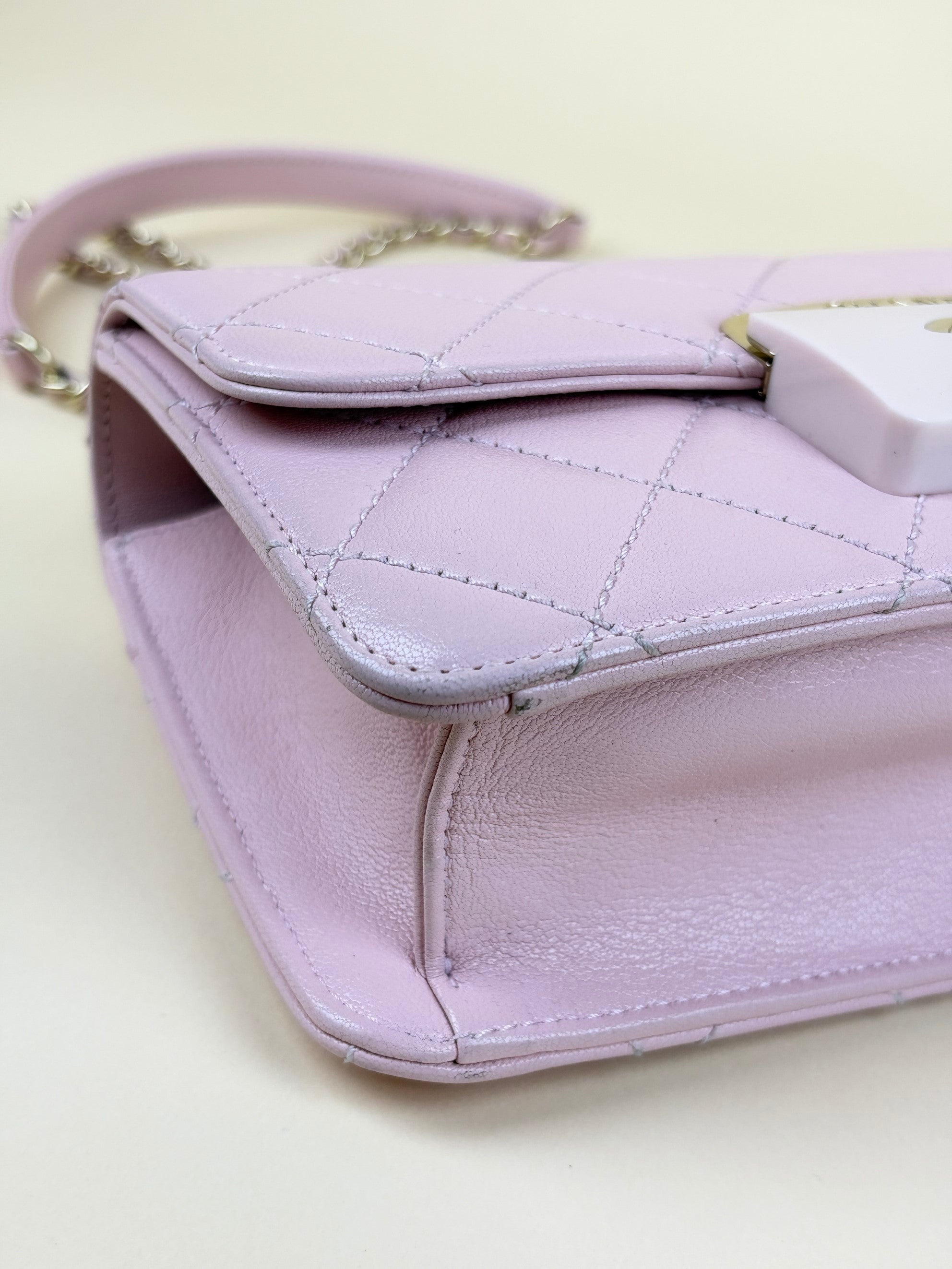 Chanel pink sheepskin quilted mini beauty lock flap bag