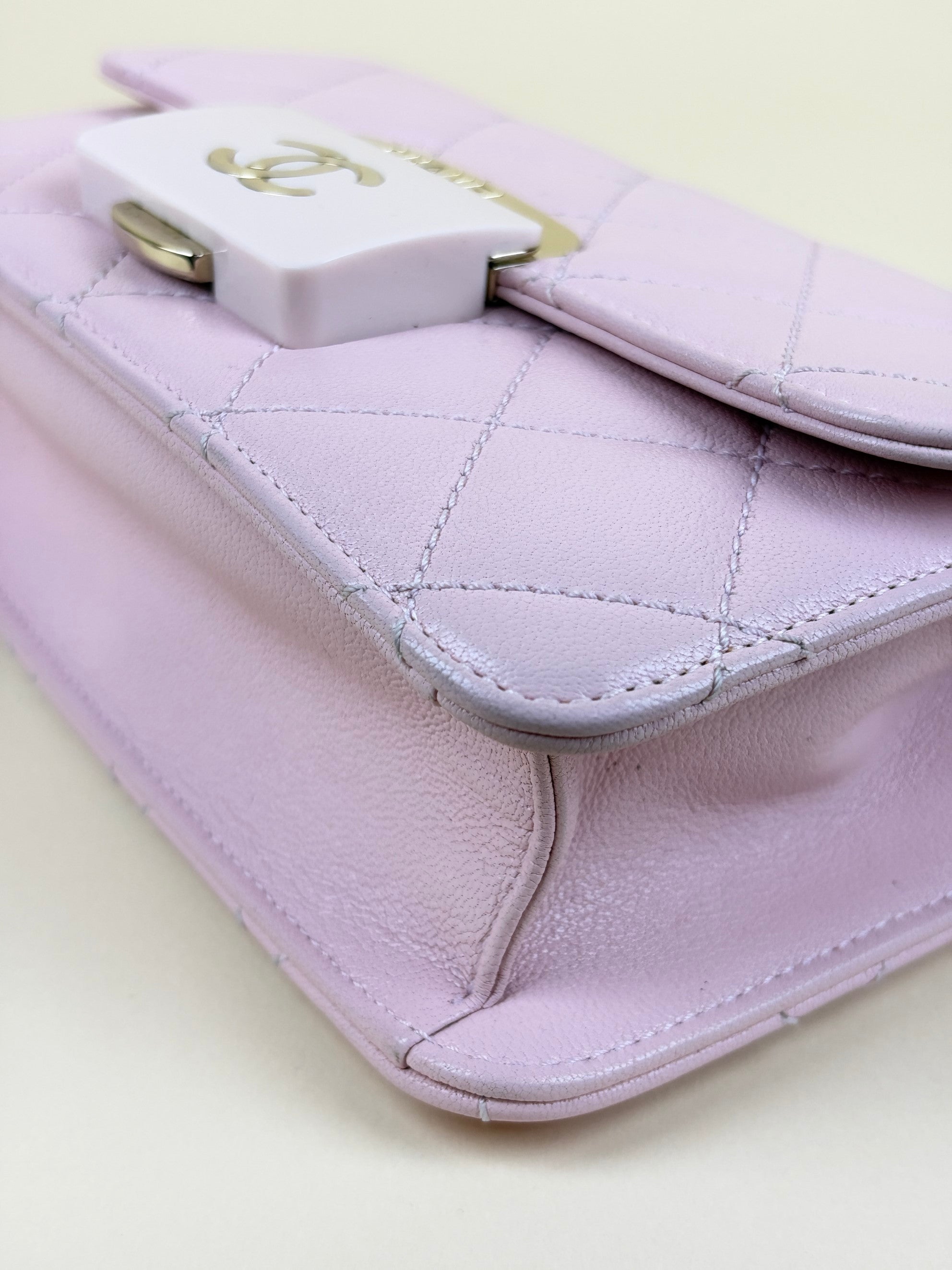 Chanel pink sheepskin quilted mini beauty lock flap bag