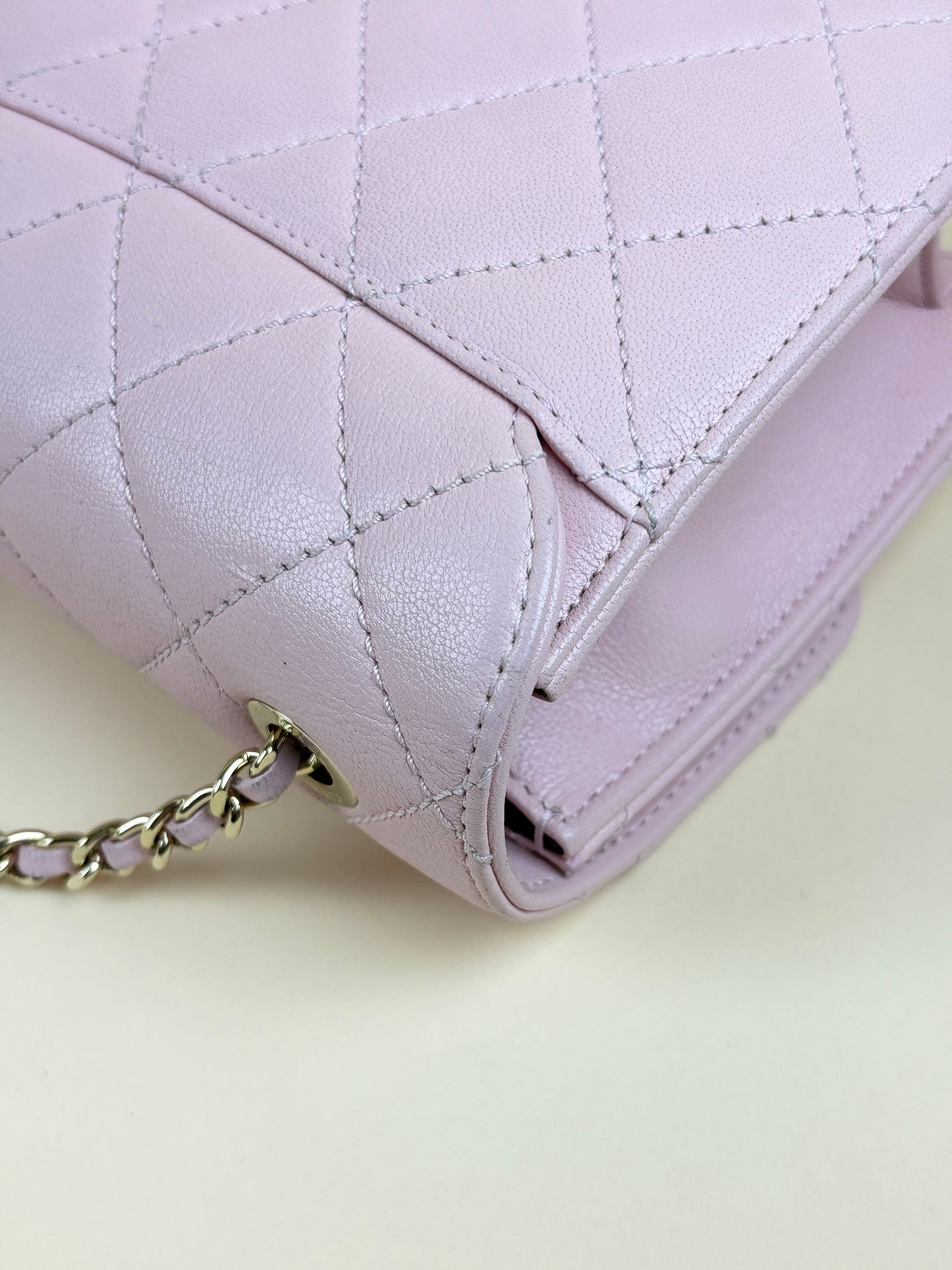 Chanel pink sheepskin quilted mini beauty lock flap bag