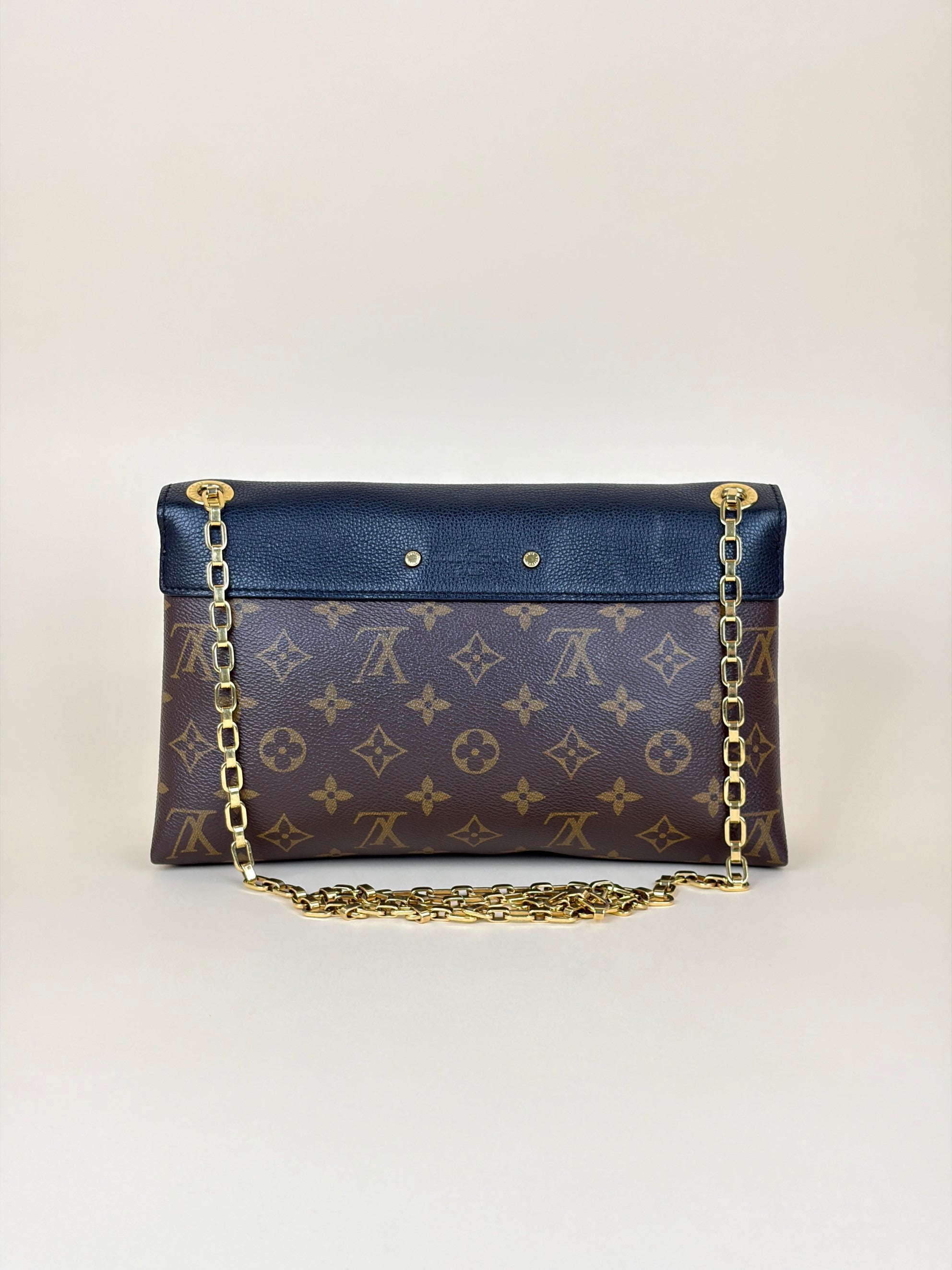 Louis Vuitton canvas and black calfskin Pallas chain