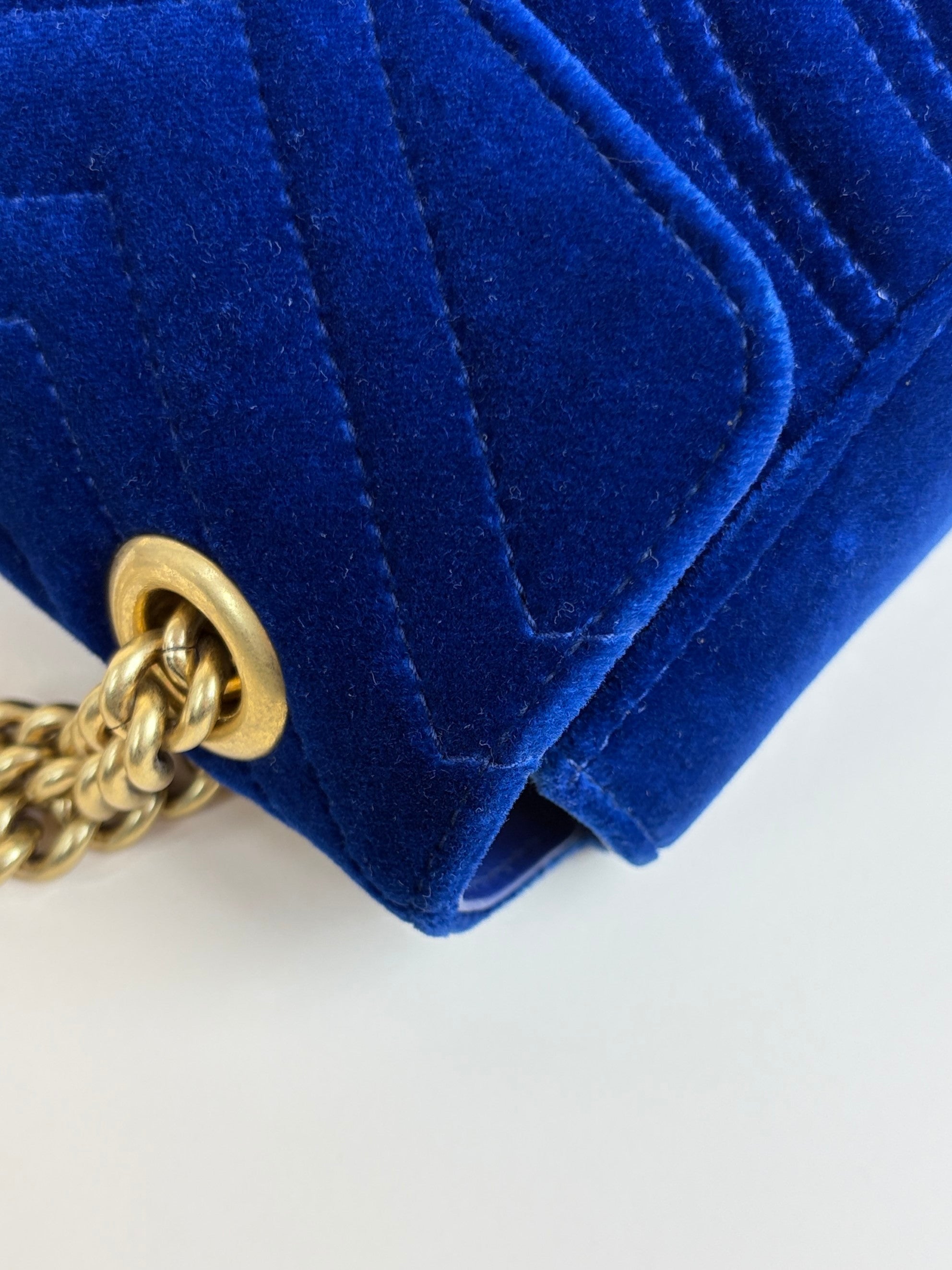 Gucci cobalt Blue GG Marmont Velvet small matelassé Shoulder Bag