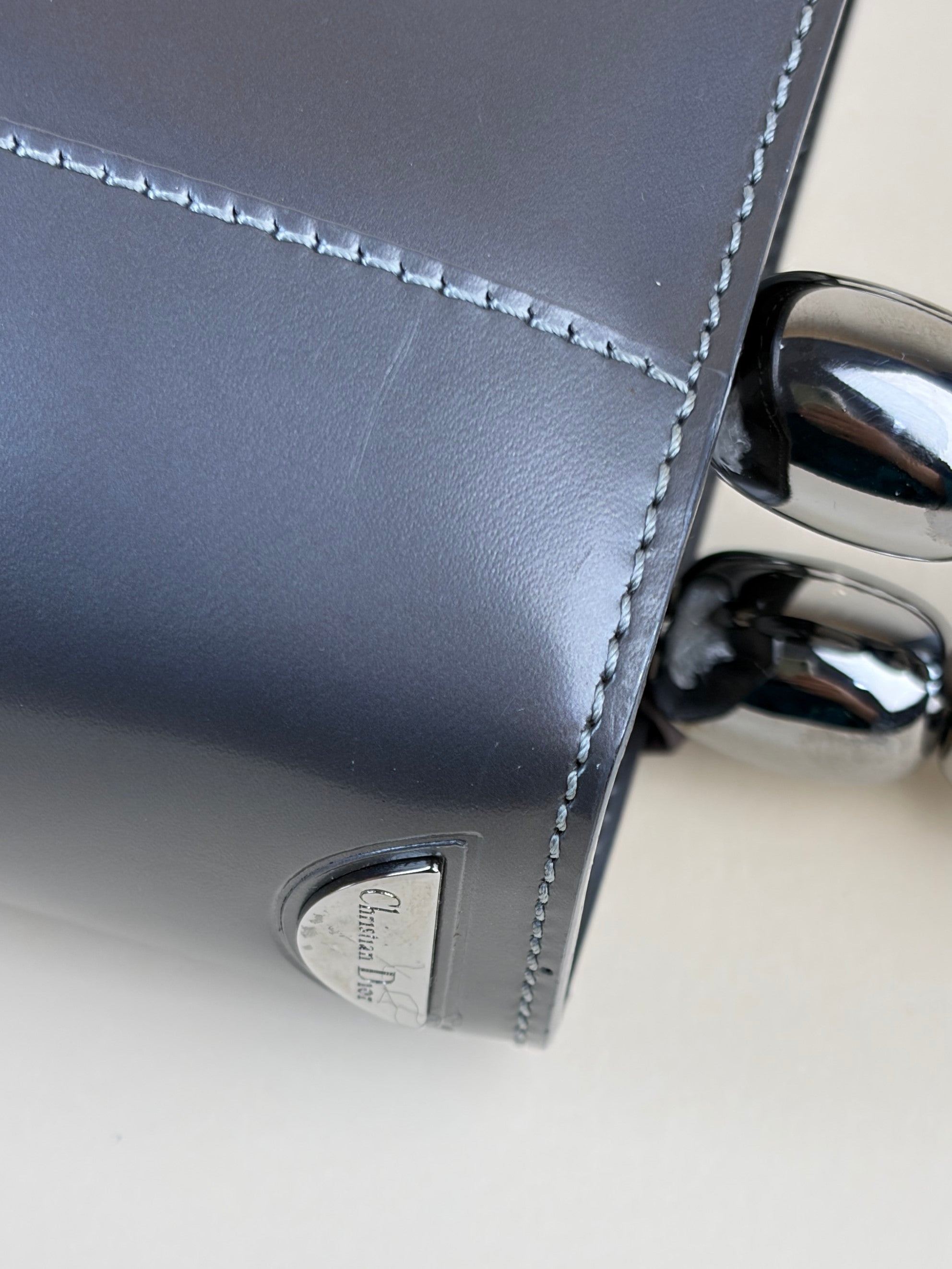 Dior dark grey patent chrome beaded malice small tote bag