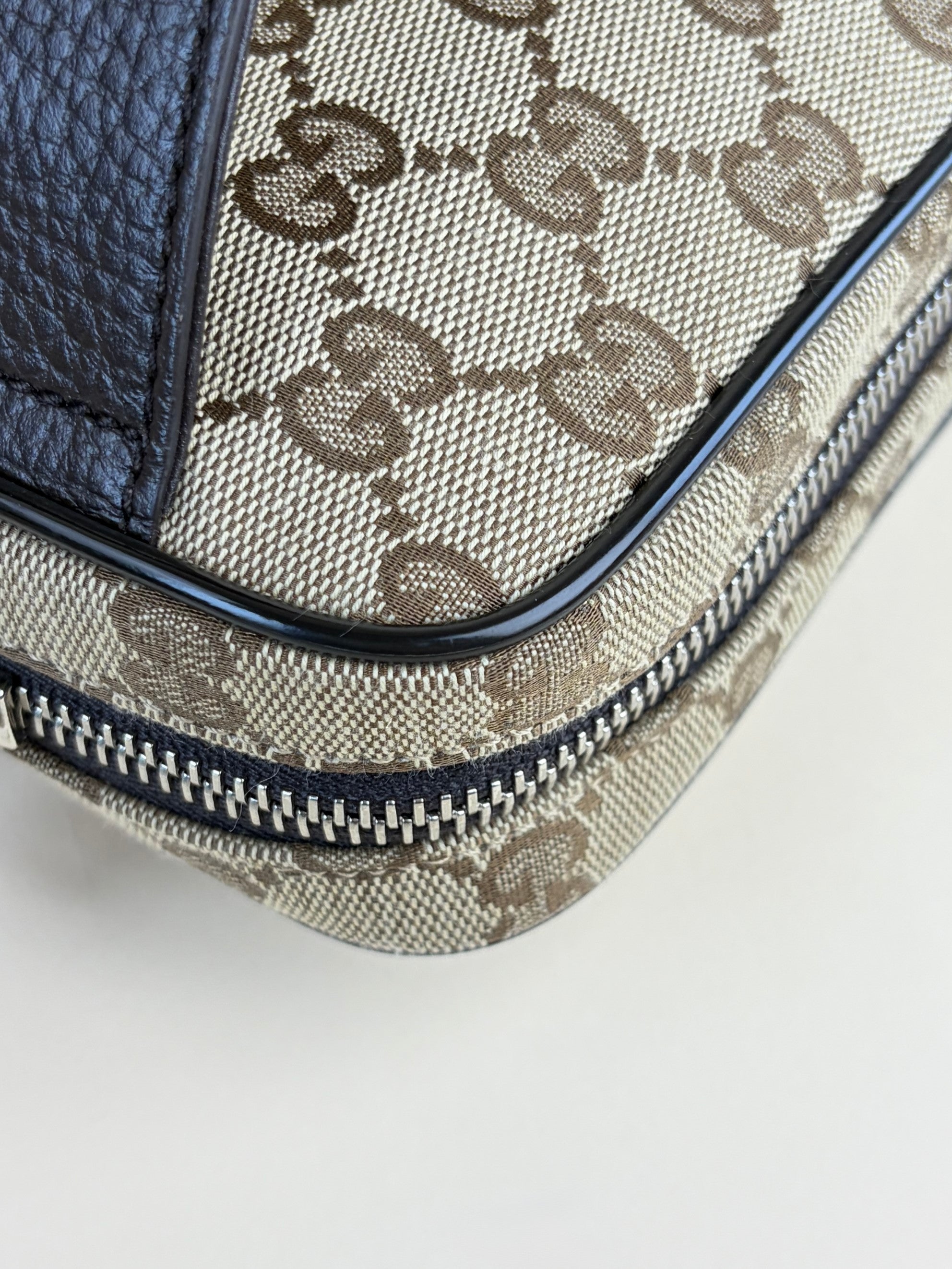 Gucci dark brown leather and gg monogram canvas belt bag