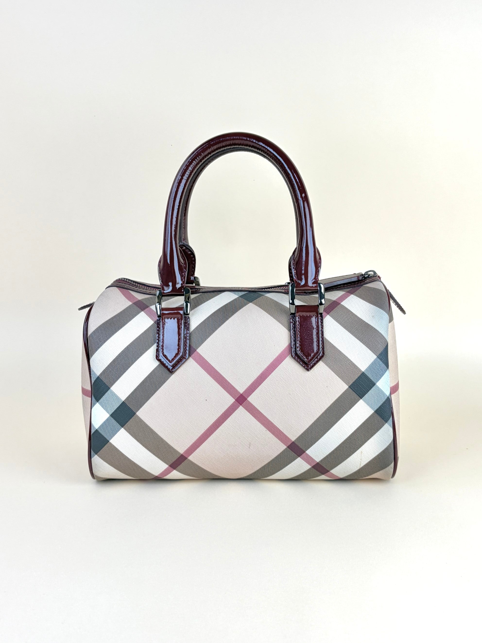 Burberry red patent leather super nova checks bowling tote bag