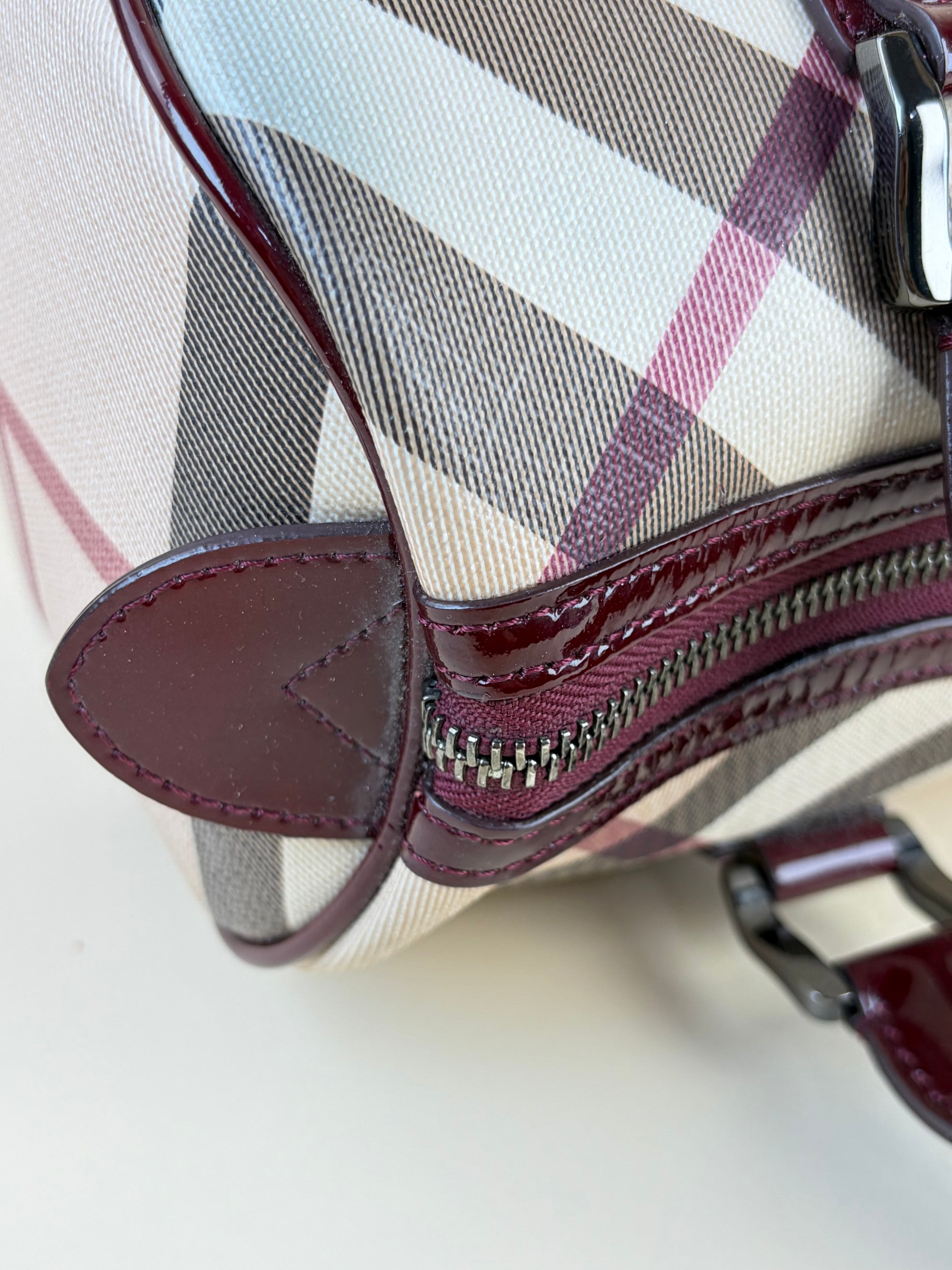 Burberry red patent leather super nova checks bowling tote bag