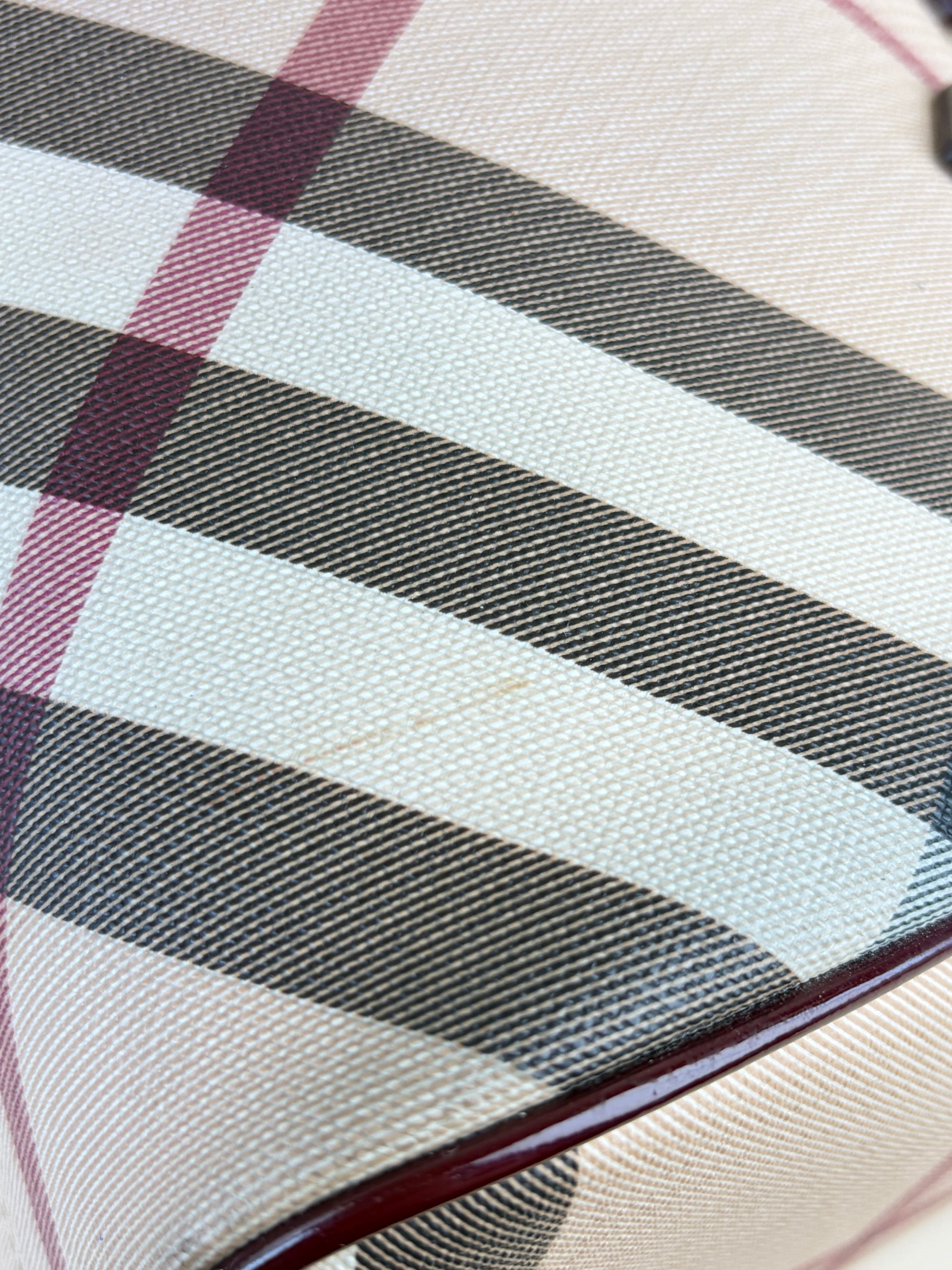 Burberry red patent leather super nova checks bowling tote bag