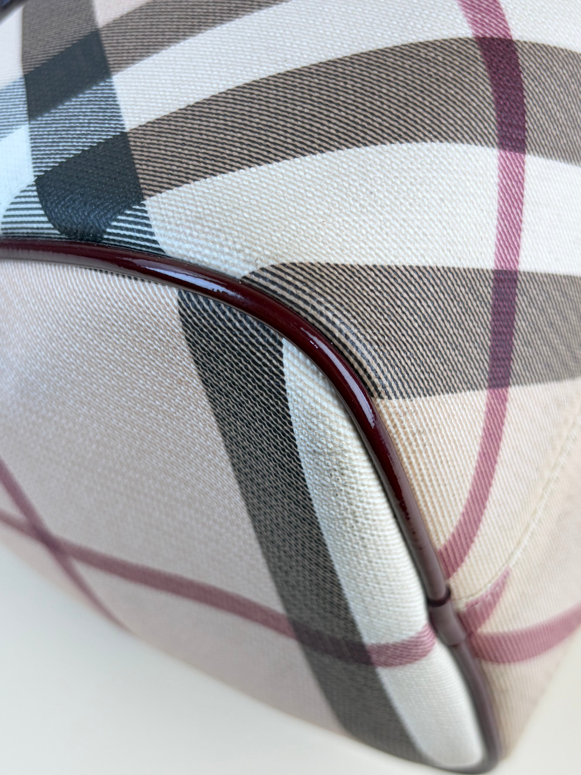 Burberry red patent leather super nova checks bowling tote bag