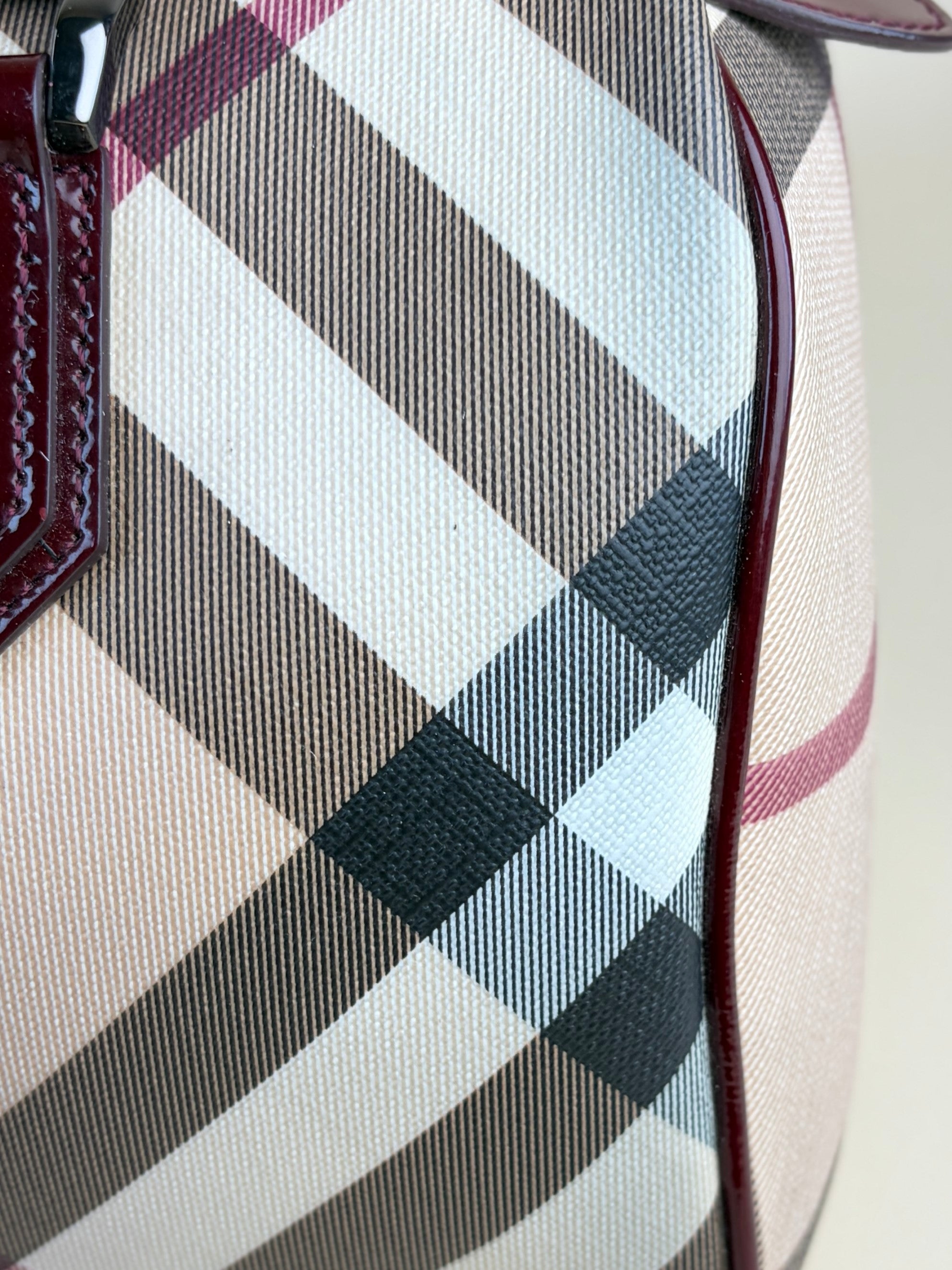 Burberry red patent leather super nova checks bowling tote bag