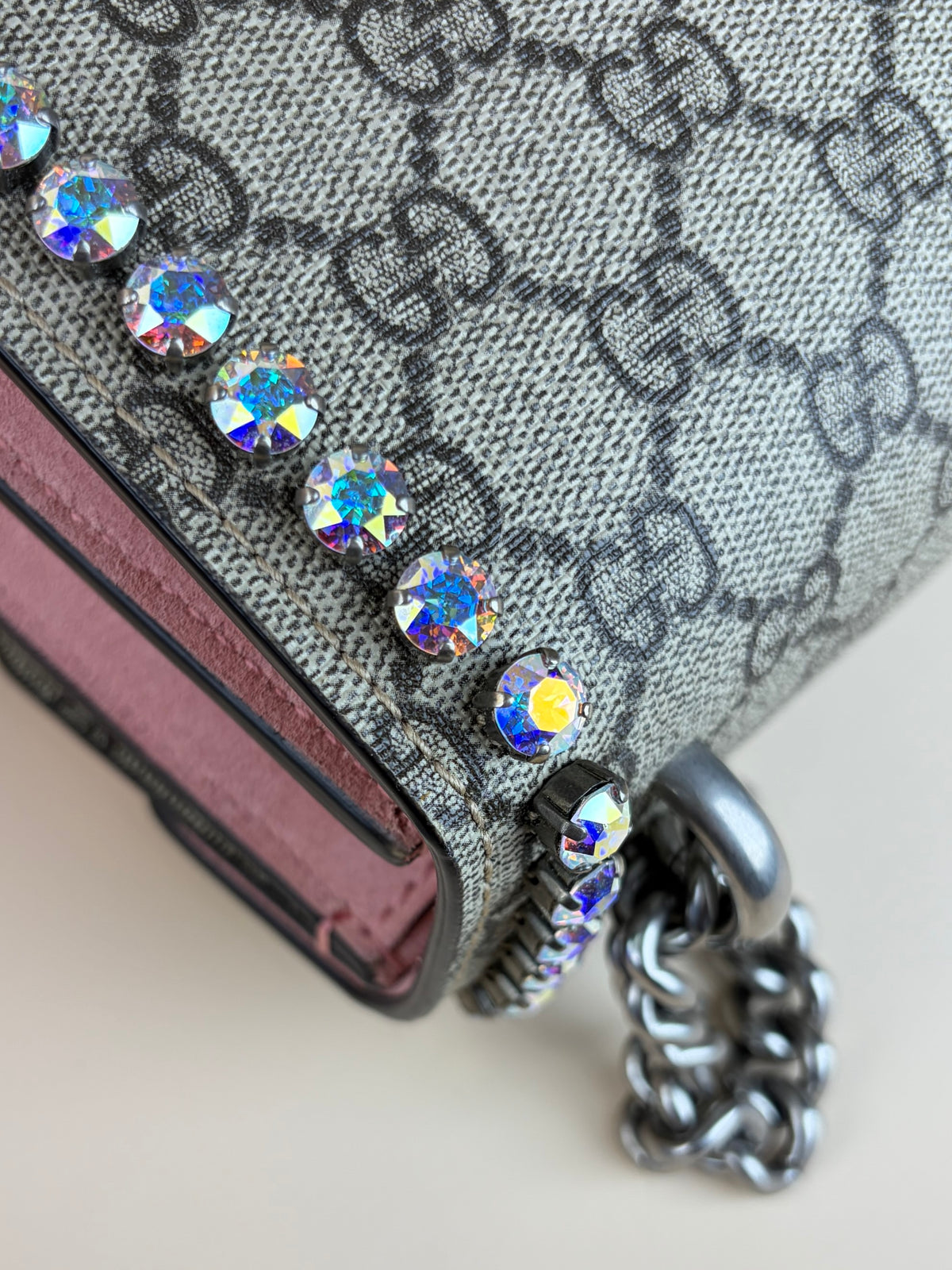 Gucci GG Supreme monogram suede crystal small Dionysus beige ebony light peonia
