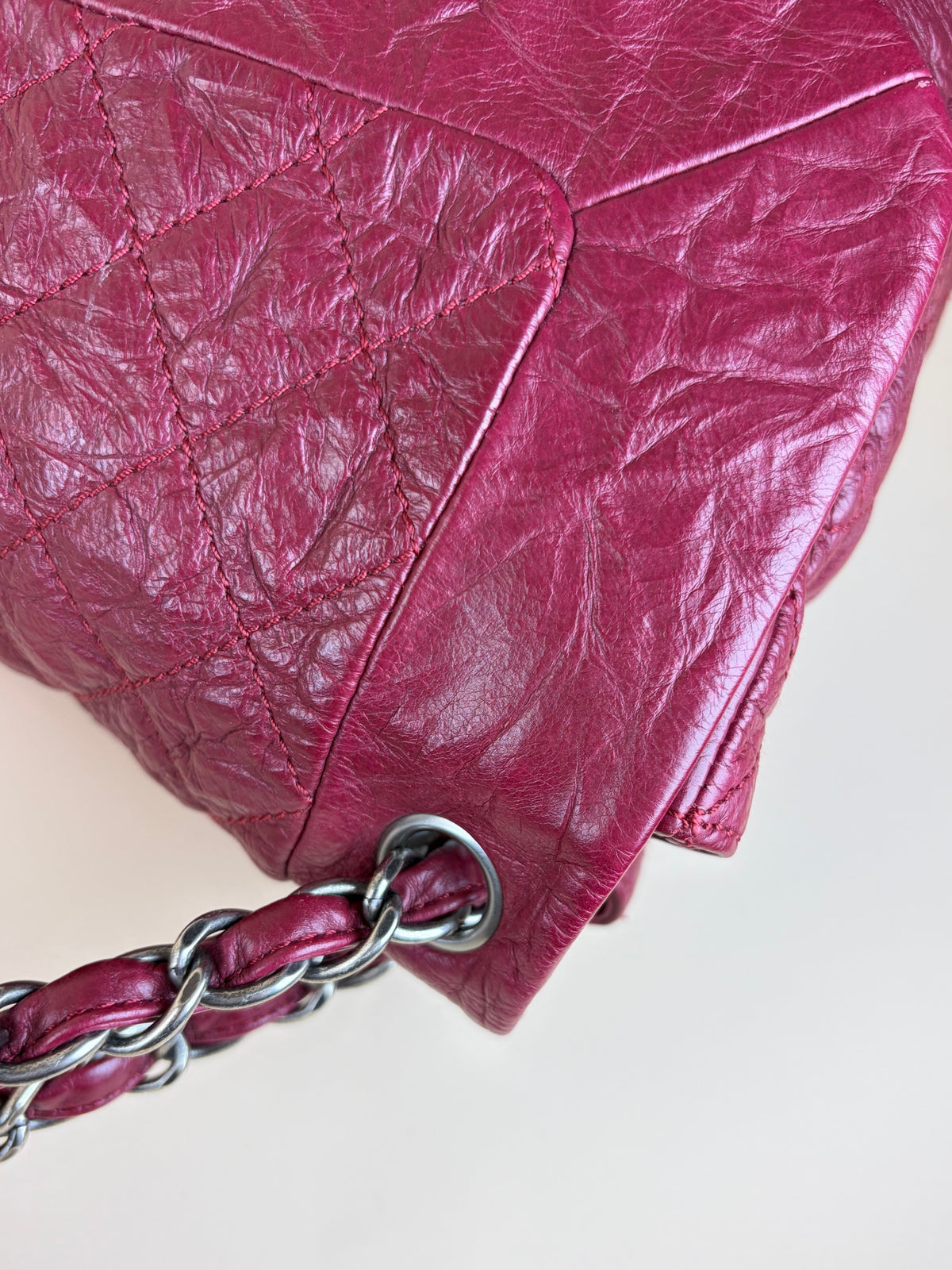 Chanel red crinkled leather flap