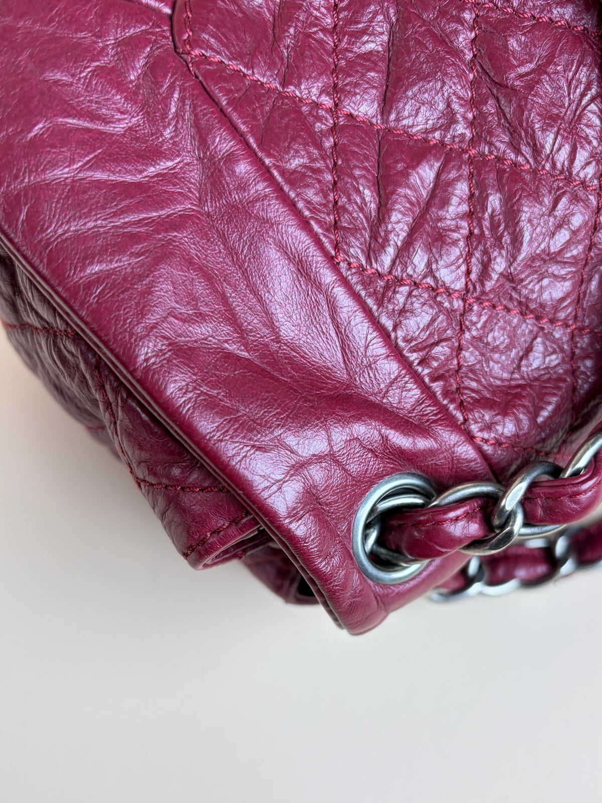 Chanel red crinkled leather flap