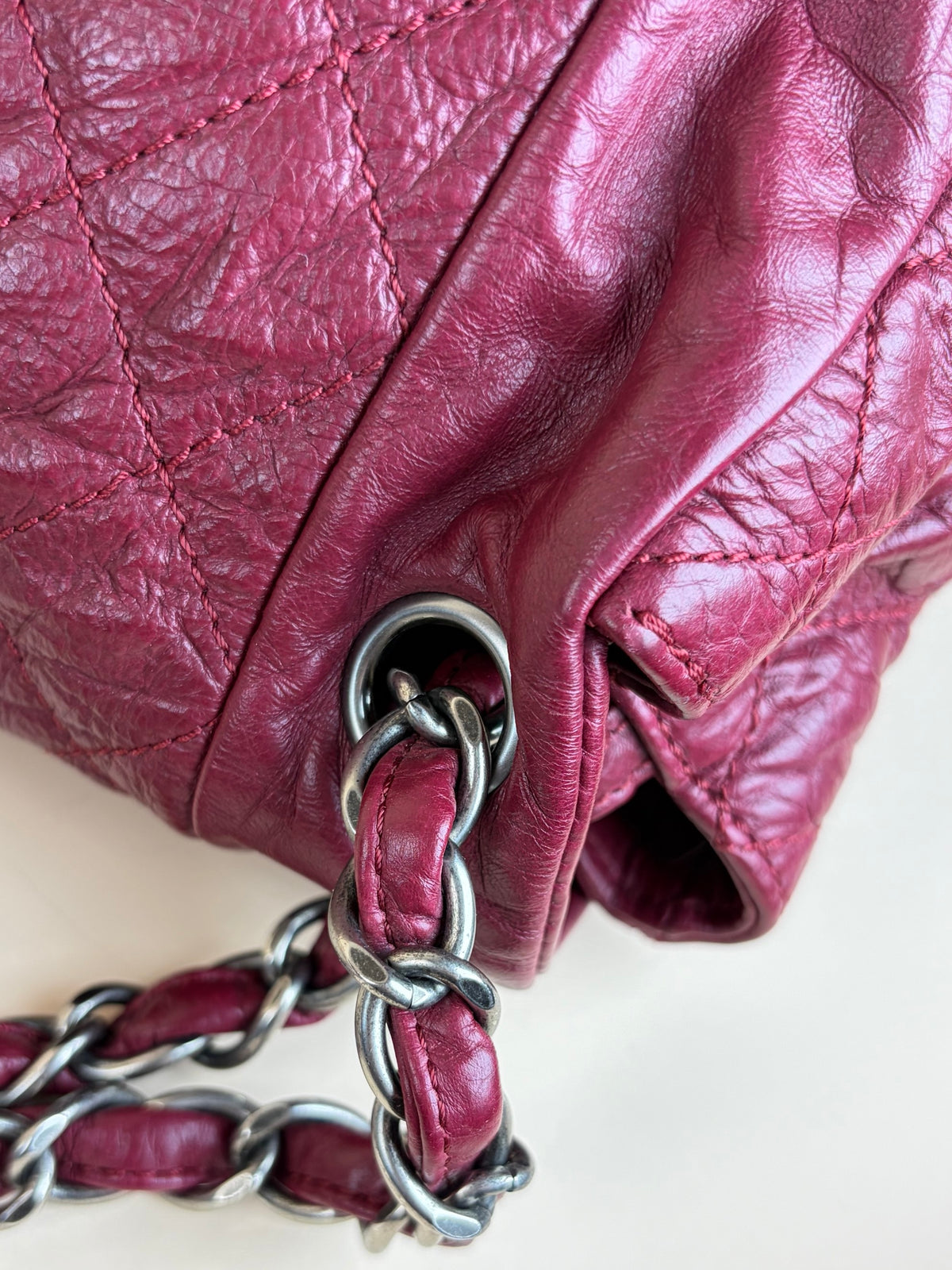 Chanel red crinkled leather flap